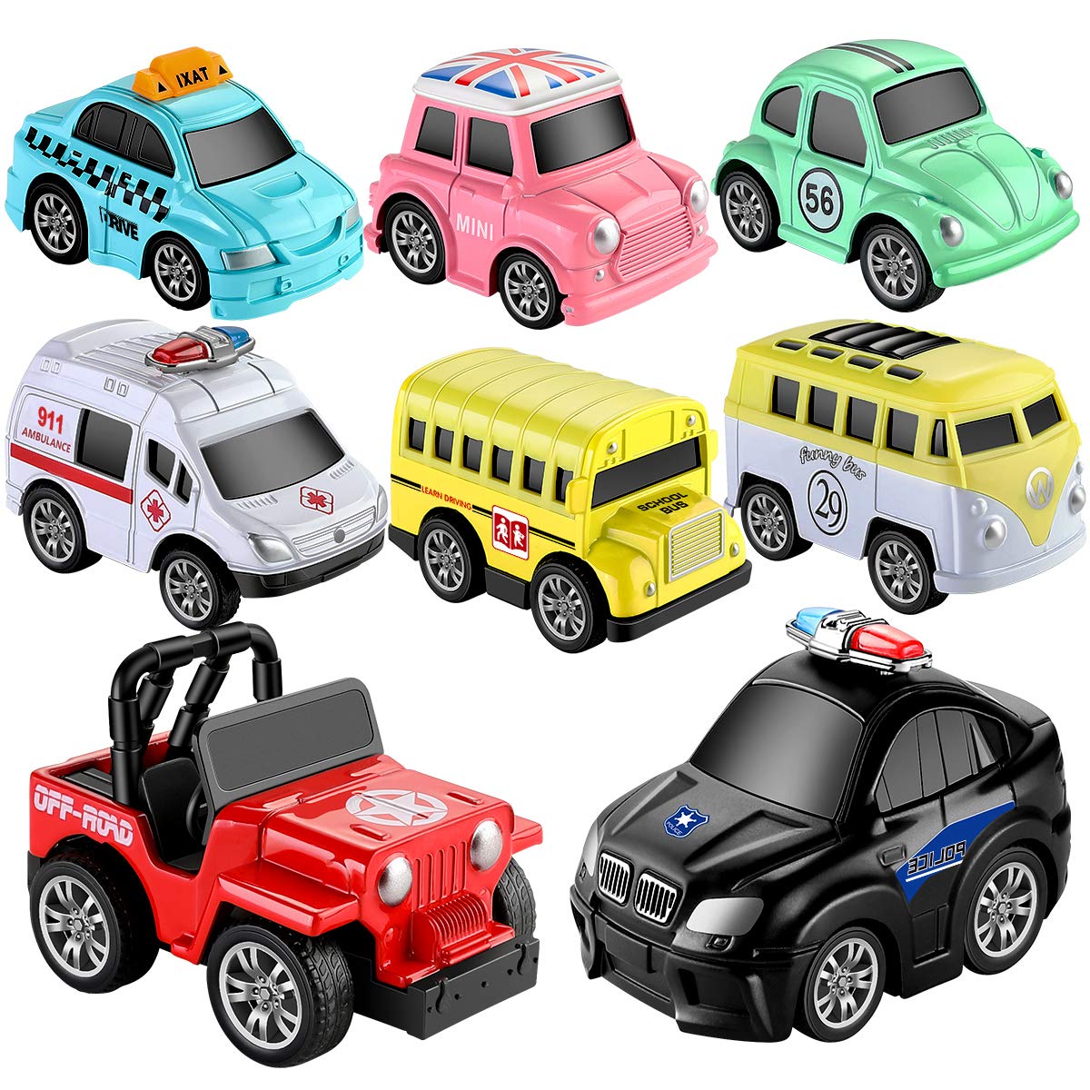 GEYIIE Pull Back Cars,8 Pack Mini Cars Set Alloy Micro Machines,Pull Back Vehicles Toy Cars for Toddlers Kids Boys Girls Gift,Upgrades