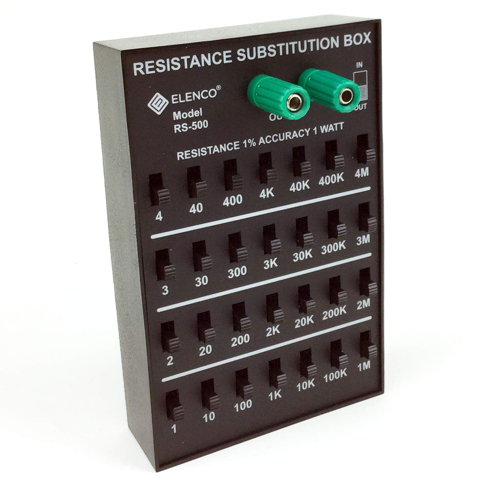 Elenco Resistance Substitution Box | Resistance Range From 1Ω To 11, 111 , 110MΩ | 1% Precision: 1Ω-40kΩ- 1 Watt/ 100kΩ- 4MΩ- 1/2 Watt