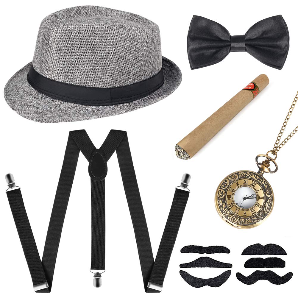 Sinoeem1920s Men's Accessories Including Panama Gangster Hat Adjustable Elastic Braces Men's Neck Bow Tie Pocket Watch and Plastic Cigar (Grey)