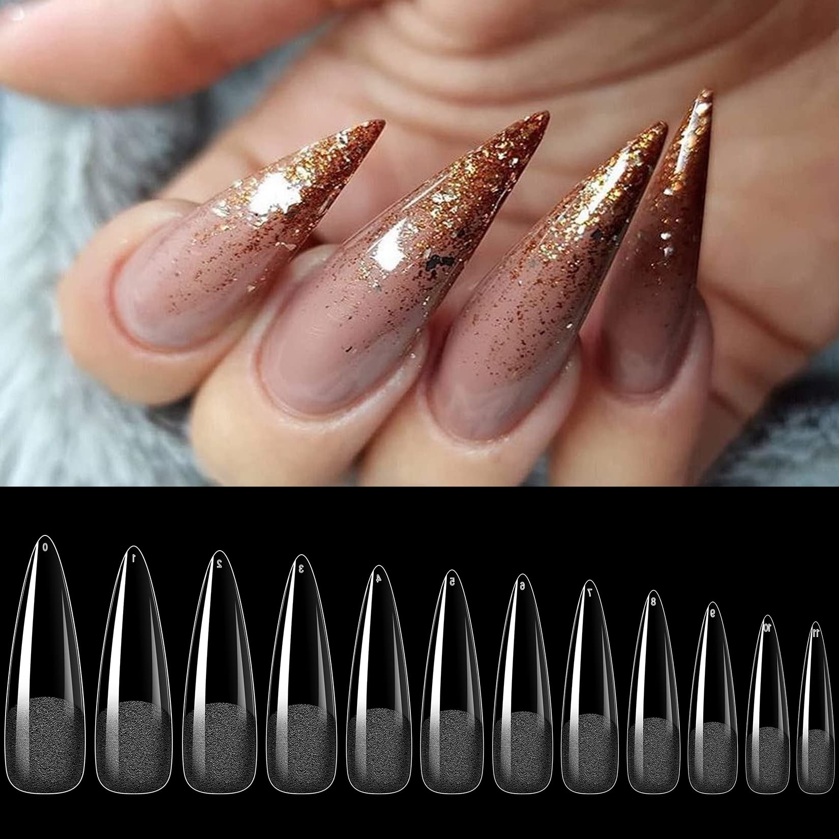 AOREAM Long Stiletto Nail Tips 240PCS Clear Soft Gel False Nails Half Matte Full Cover Press on Nails 12 Sizes Fake Artificial Extension Nail Tips Salon Nails for Home Nails DIY