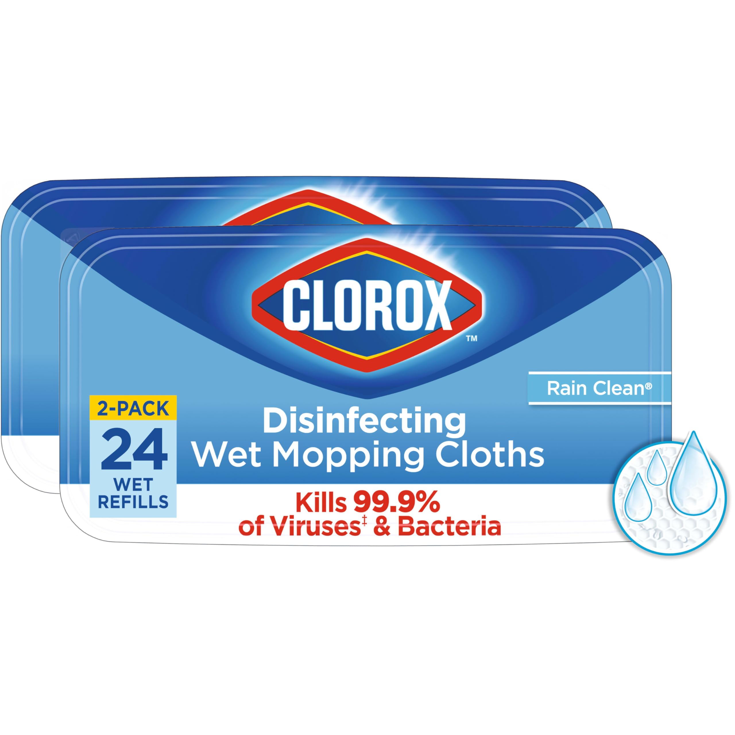 Clorox Disinfecting Wet Mop Pad, Disposable Mop Heads, Multi-Surface Floor Wipes, Rain Clean, 2 Packs, 24 Wet Refills Per Pack (Package May Vary)