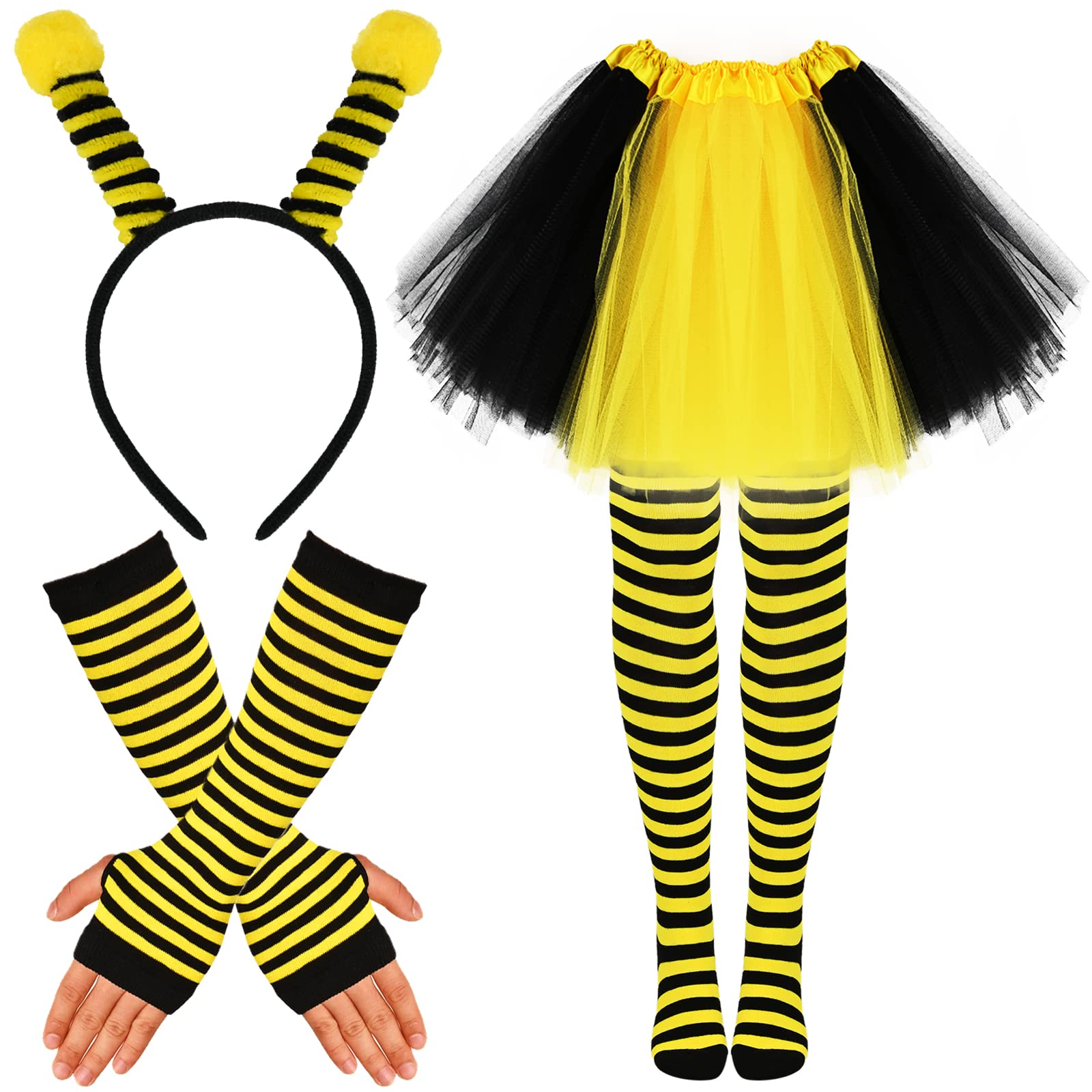 Bee Costume Set, Bee Bopper Antenna Headband, Bee Arm Warmers, Knee Socks and Yellow Bee Tutu Skirt for Toddler Girls Adults Birthday, Baby Shower, Bee Themed Party Cosplay Favors