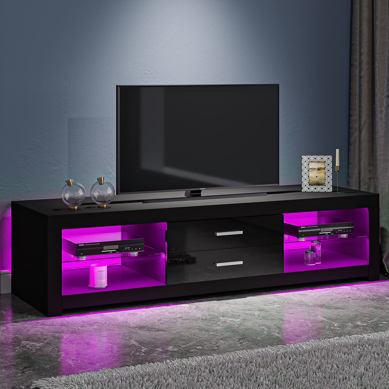 Panana TV Stand Cabinet 2 Drawer 2 Glass Shelves LED Lighted TV Console Unit for 22"-55" Flat Screen 4k TVs (black)