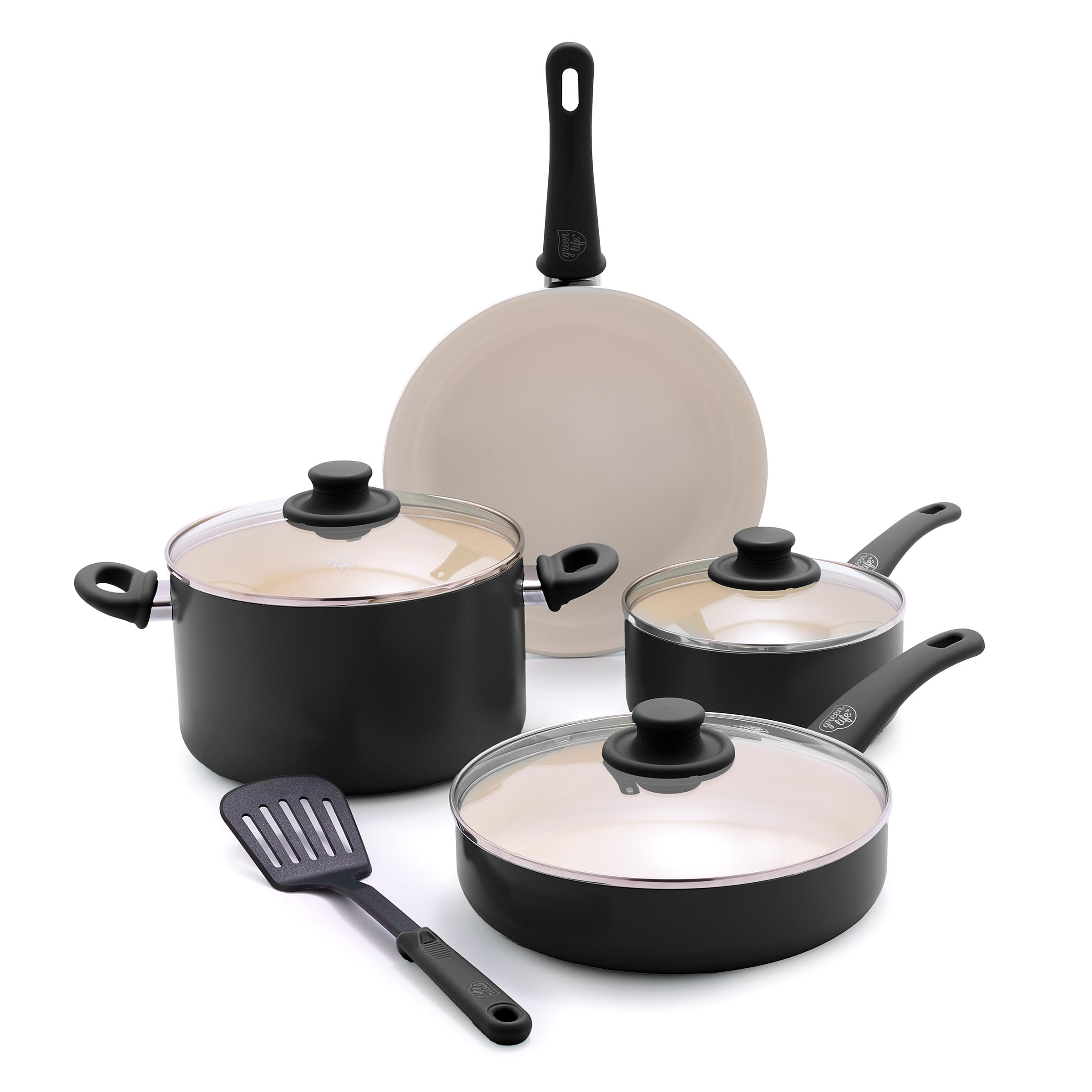 GreenLife Soft Grip 8-Piece Cookware Set, Healthy Ceramic Nonstick Pots, Frying & Sauce Pans, PFAS & PFOA Free, Dishwasher Safe, Even Heating, Versatile Kitchen Essentials, Black