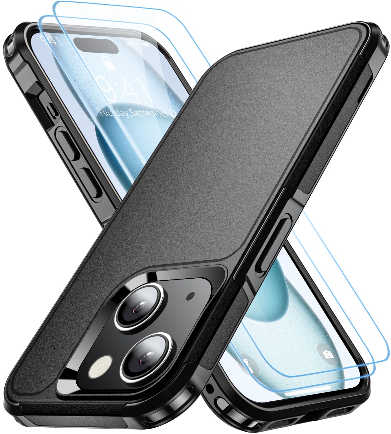 Shockproof for iPhone 15 Case,[15 FT Military Grade Drop Protection],with 2X [Tempered Glass Screen Protector ] with Air Bumpers Full-Body Protective Phone Case, Mysterious Black