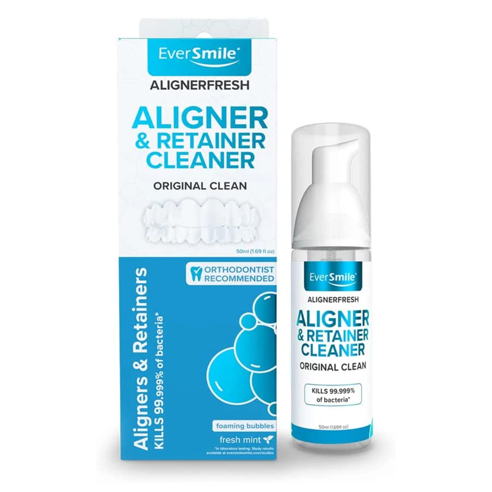 EverSmileAlignerFresh Original Clean - AlignerFresh Cleaning Foam for Invisalign, ClearCorrect, Essix, Hawley Trays/Aligners. Cleans, Eliminates Bacteria, Whitens Teeth & Fights Bad Breath (50ml)