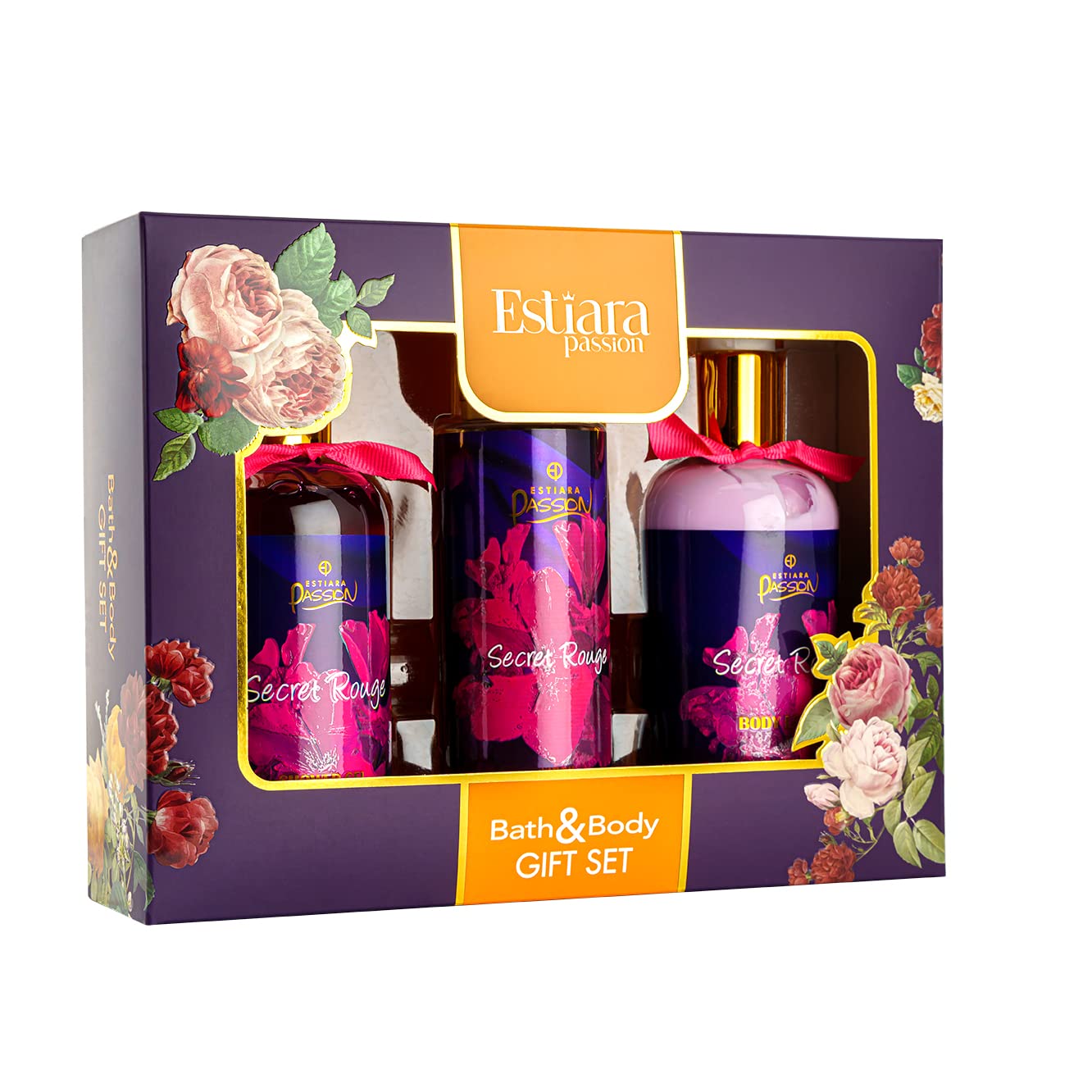 Estiara Passion Secret Rouge Bath & Body Beauty Skincare 3 Piece Gift Set Purple - Secret Rouge Body Lotion 350ML - Secret Rouge Shower Gel 350ML - Secret Rouge Natural French Fragrance Mist 250ML