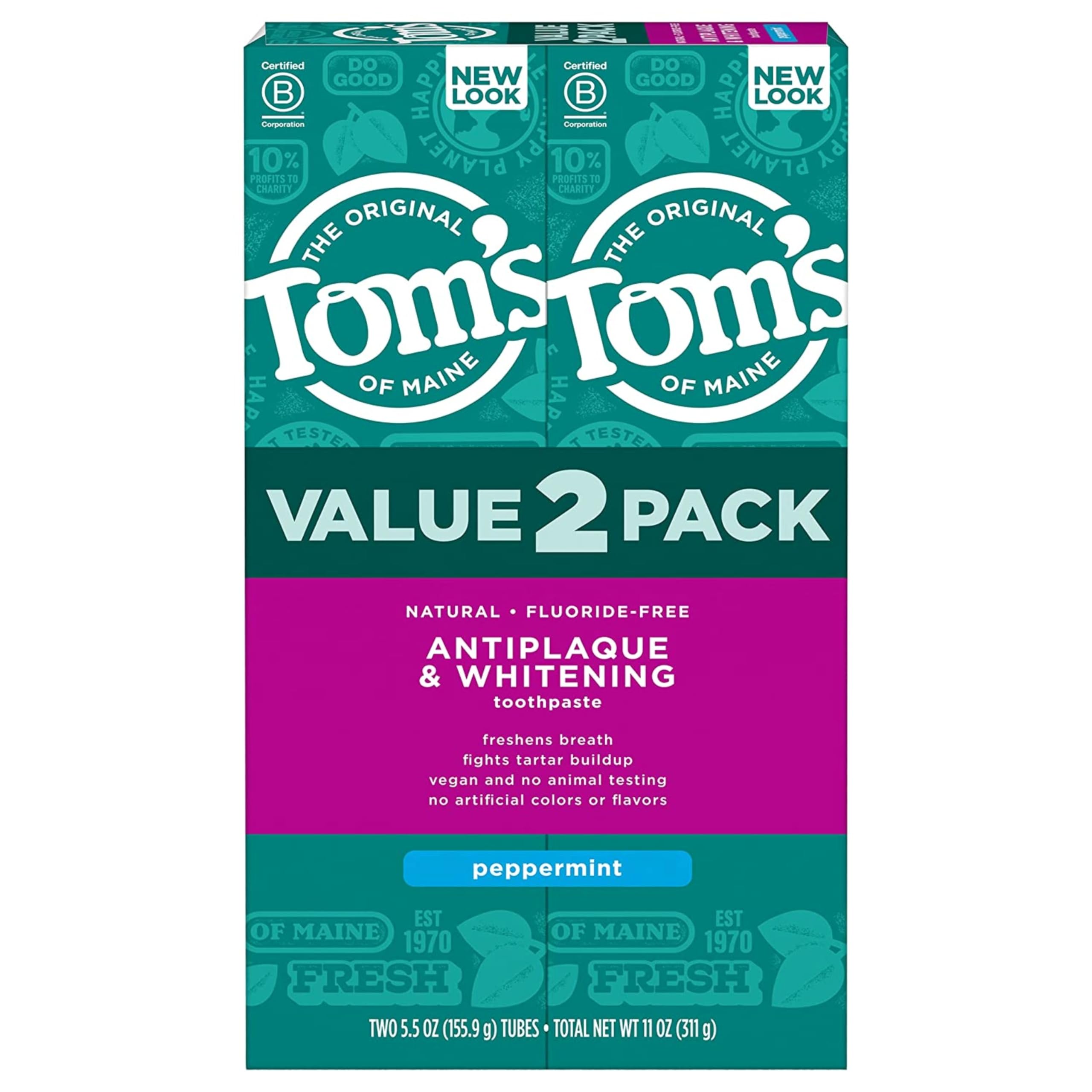 Tom's of MaineFluoride-Free Antiplaque & Whitening Natural Toothpaste, Peppermint, 5.5 oz. (Pack of 2)