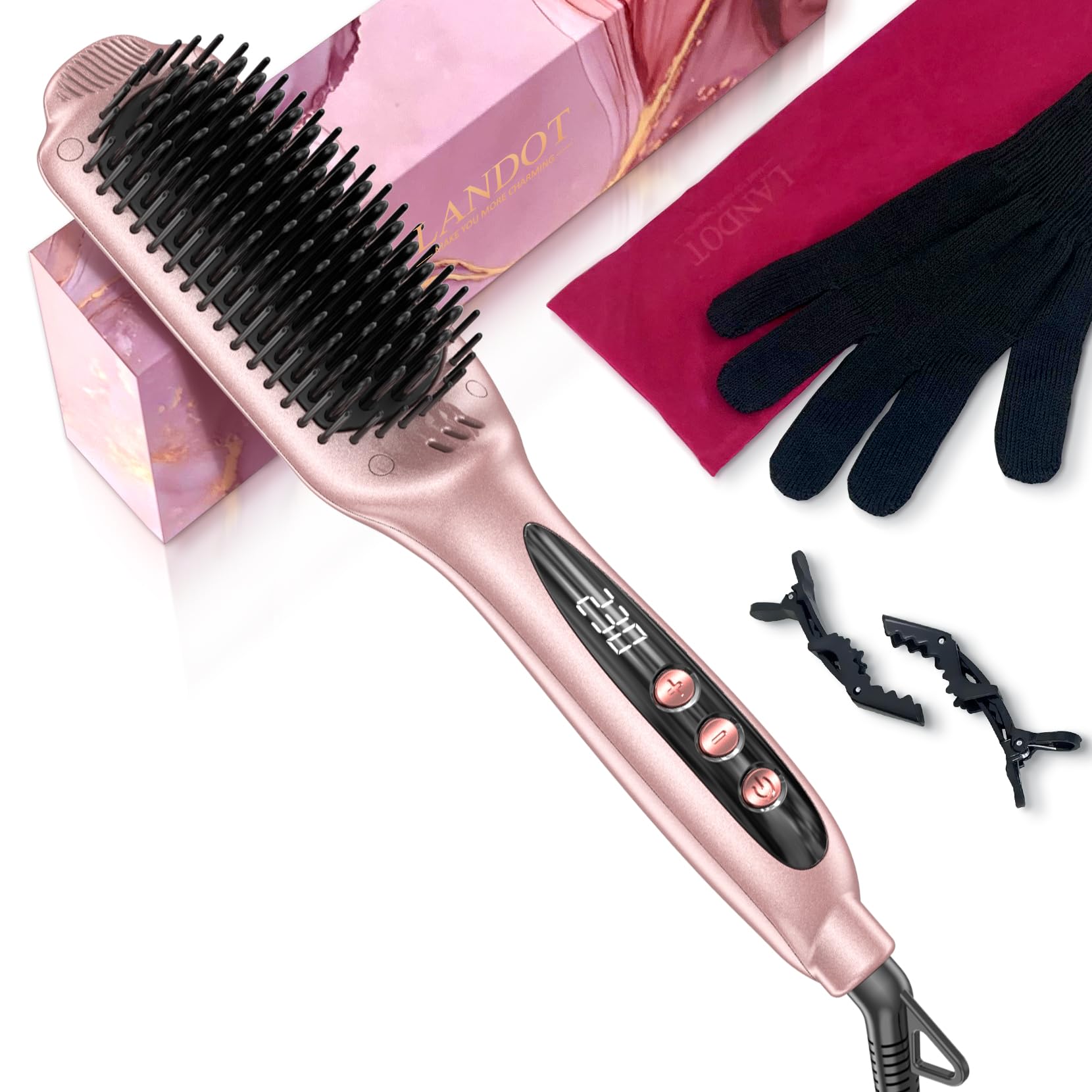 LANDOTCeramic Hair Straightener Brush: Negative Ion Heated Straightening Brush for Smooth Frizz-Free Hair - Dual Voltage 100-240V Fast Heating Ajustable Temp 250°F-450°F