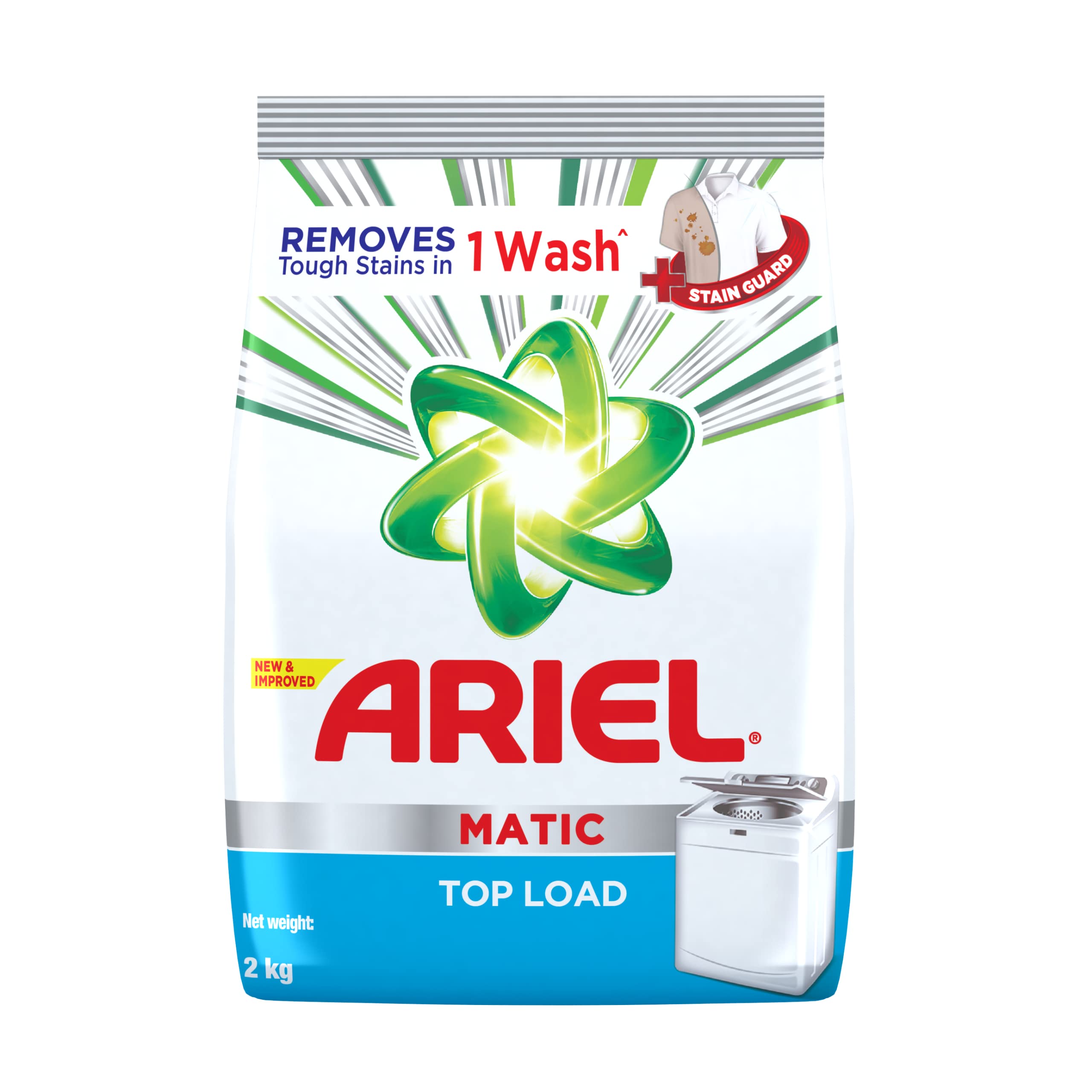 Ariel Matic Detergent Powder Top Load - 2kg | Removes 100 Tough Stains in 1 wash | Specially Designed for Washing Machines | Fresh Fragrance