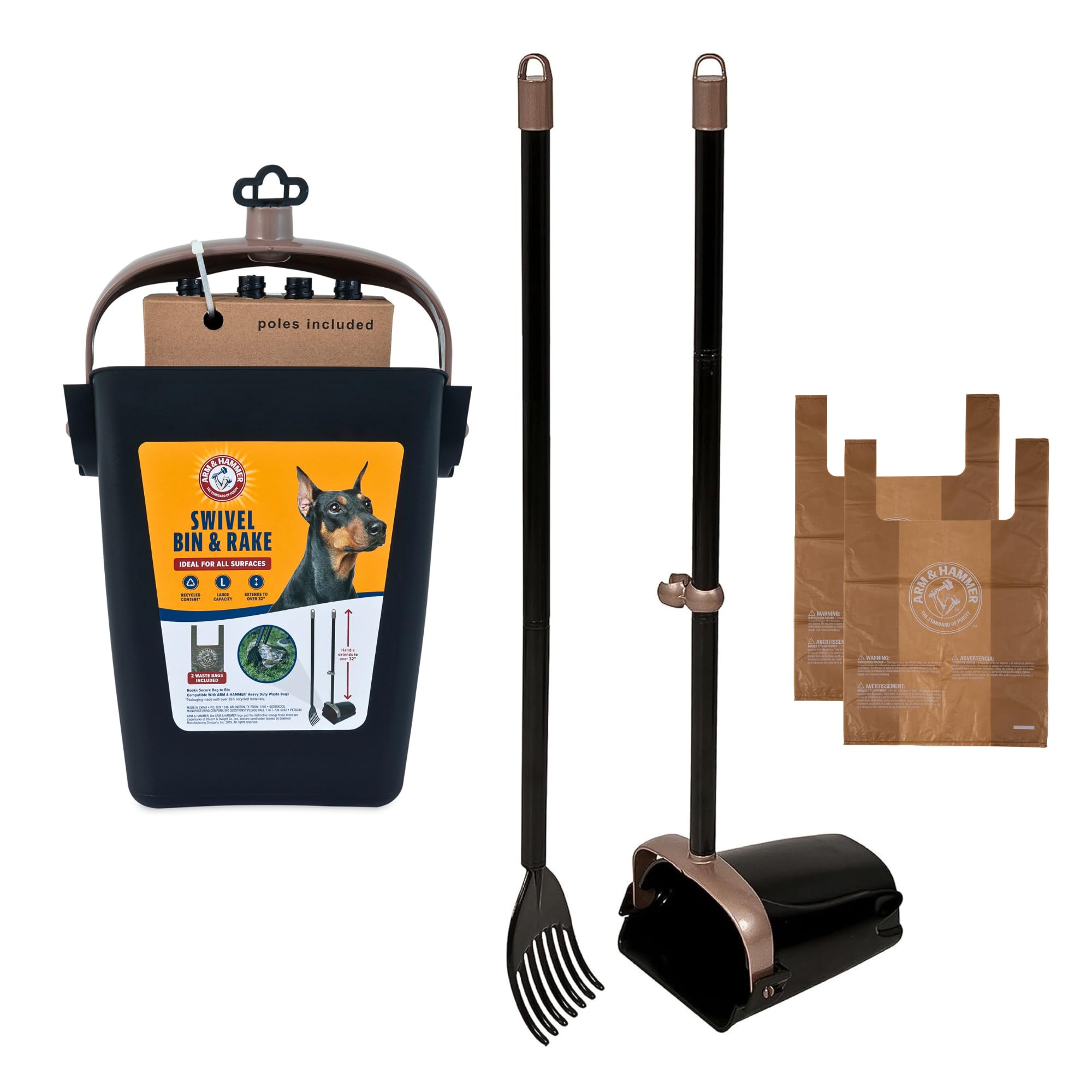 ARM & HAMMER Petmate Swivel Bin Rake Pooper Scooper Waste Management System (2 Bonus Heavy Duty Handle Tie Waste Bags Included for Premium Odor Control)