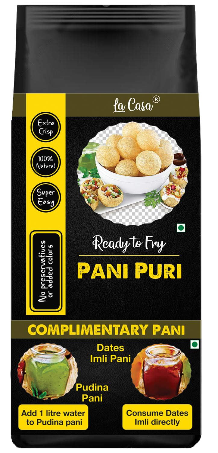 La Casa Dry Pani Puri with Complimentary Pani Concentrate | Ready to Fry GOL Gappas | Ultra Premium | Extra Crisp | 100-110 Pieces |