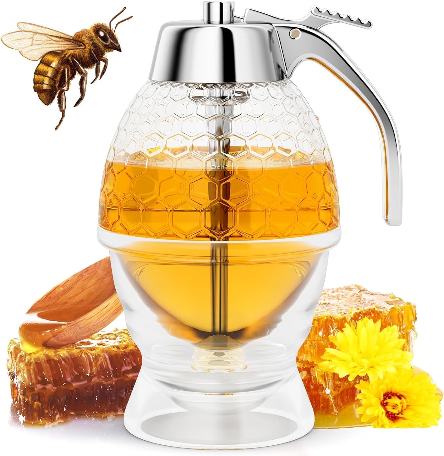 Honey Dispenser No Drip Glass, Maple Syrup Dispenser, Honey Jar with Stand, 8 oz Beautiful Honey Comb Shaped Honey Pot, Perfect Bee Decoration for Home Kitchen