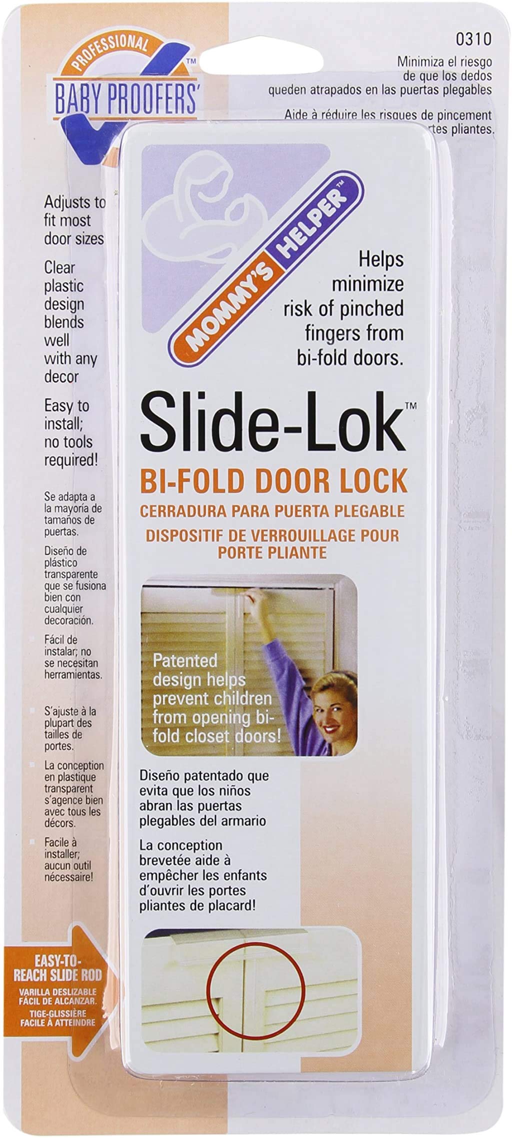 Mommy's HelperSlide-Lok Bi-Fold Door Lock, Baby Lock (Pack of 1), Closet Locks for Double Doors, Fits Most Doors - Included Shim Makes Tighter Fit for Thin Doors