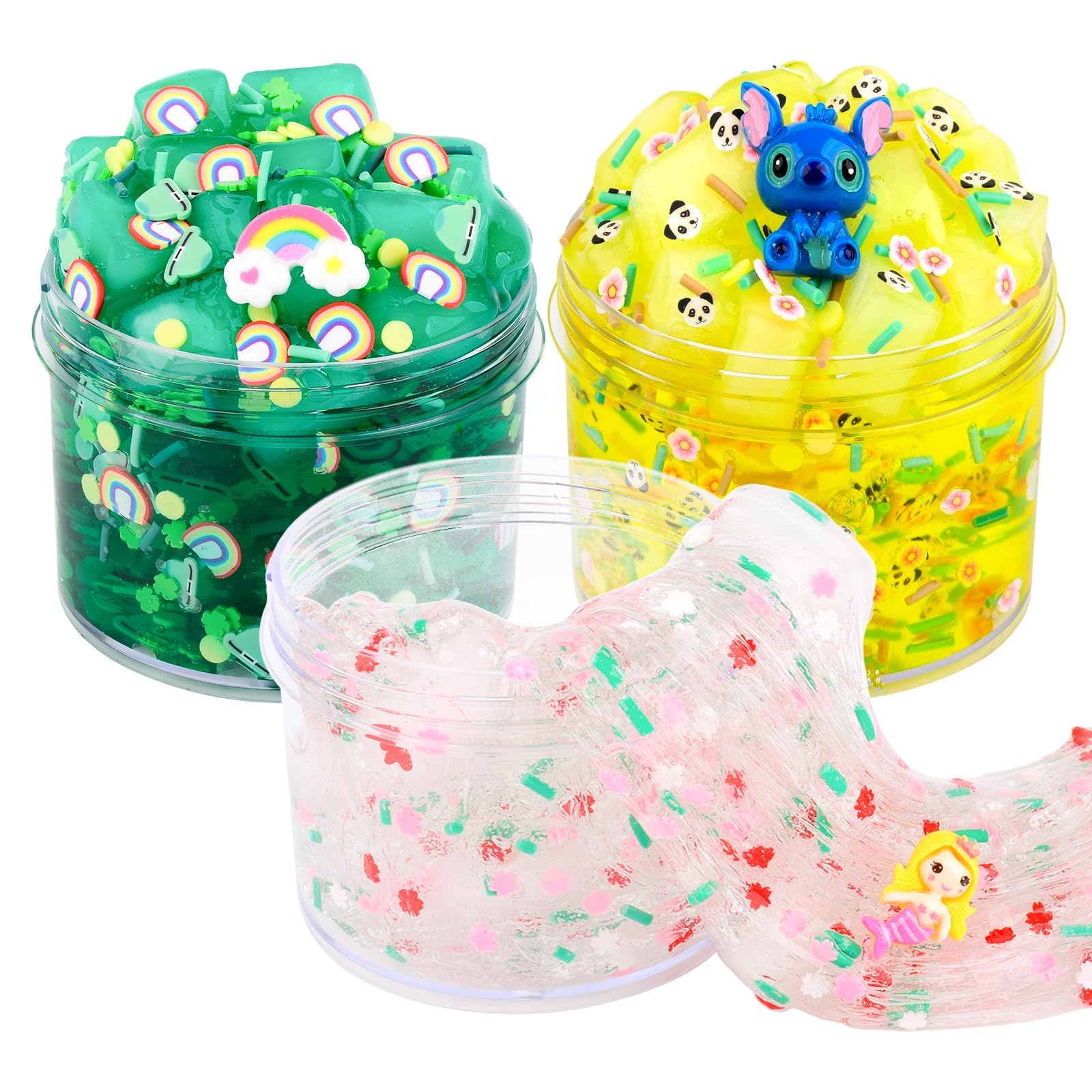 3 Pack Jelly Cube Crystal Christmas Slime Kit, Premade Crunchy Glue Boba Slime Party Favor for Girls & Boys, Fluffy Glimmer Clear Slime for Kids, Soft Stretch and Non-Sticky Soft Putty Birthday Slime