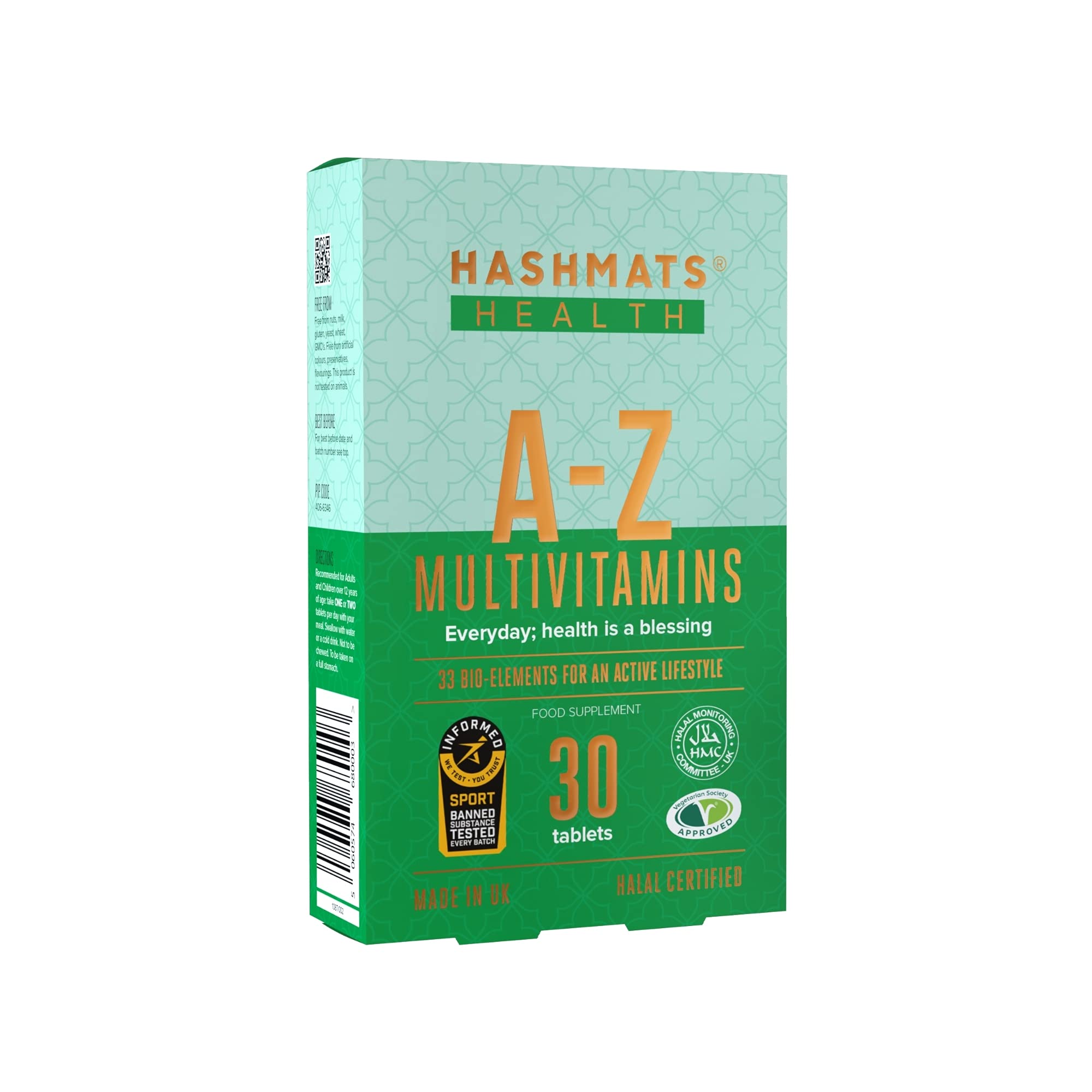 HASHMATS Health A-Z Multivitamins with 33 Bio-Elements (30 Tablets) Supplement | UK Halal & Vegetarian Certified | Informed-Sport Accredited | Made with Pharmaceutical Grade Technology