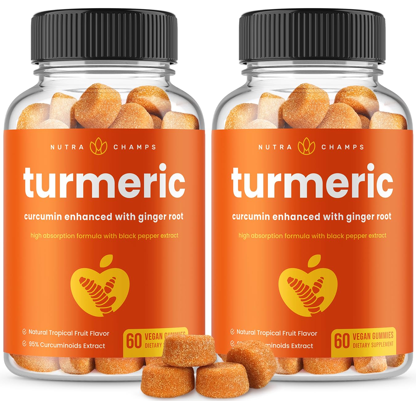 Turmeric Gummies for Adults & Kids with Ginger & Black Pepper Extract | 95% Curcuminoids | Vegan Natural Curcumin Joint Support | 120 Tumeric Gummy Supplements (2-Pack of 60)