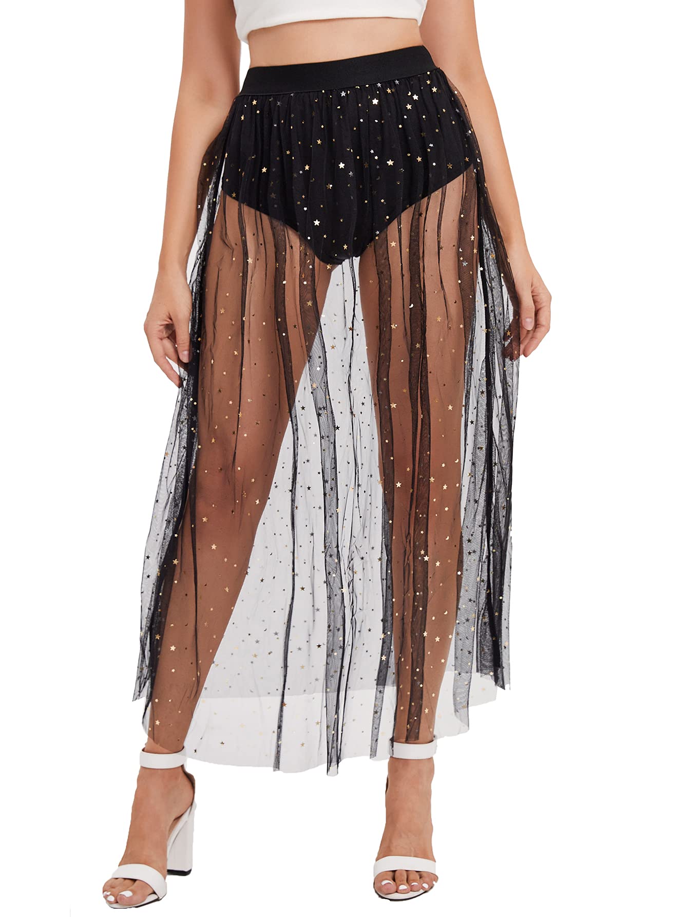 MilumiaWomen's 2 in 1 Sheer Mesh Skirt Galaxy Print See Through High Waist Maxi Skirt