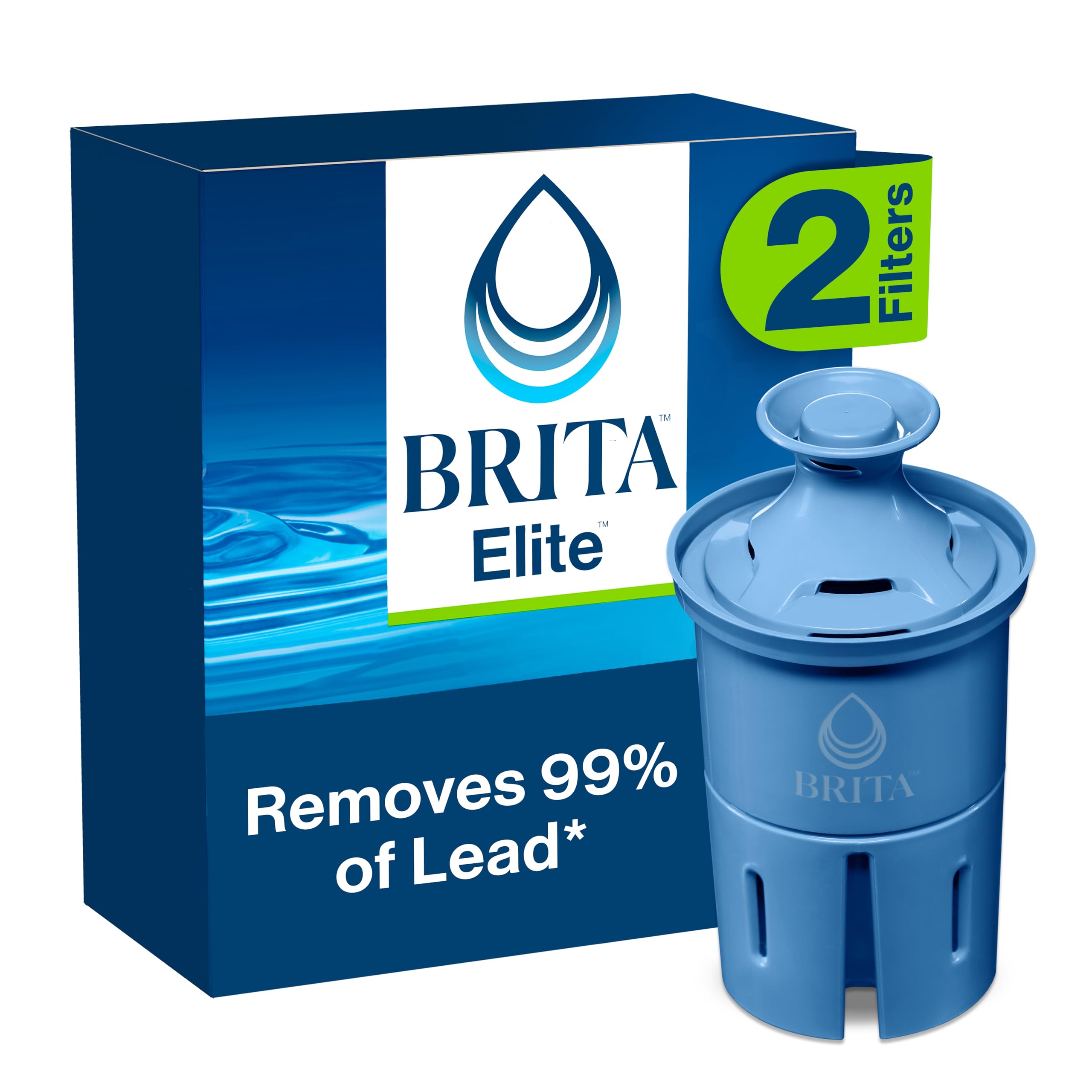 Brita Elite Water Filter Replacements for Pitchers and Dispensers, BPA-Free, Reduces 99% of Lead, Lasts Six Months or 120 Gallons, Includes 2 Pitcher Replacement Filters, Blue