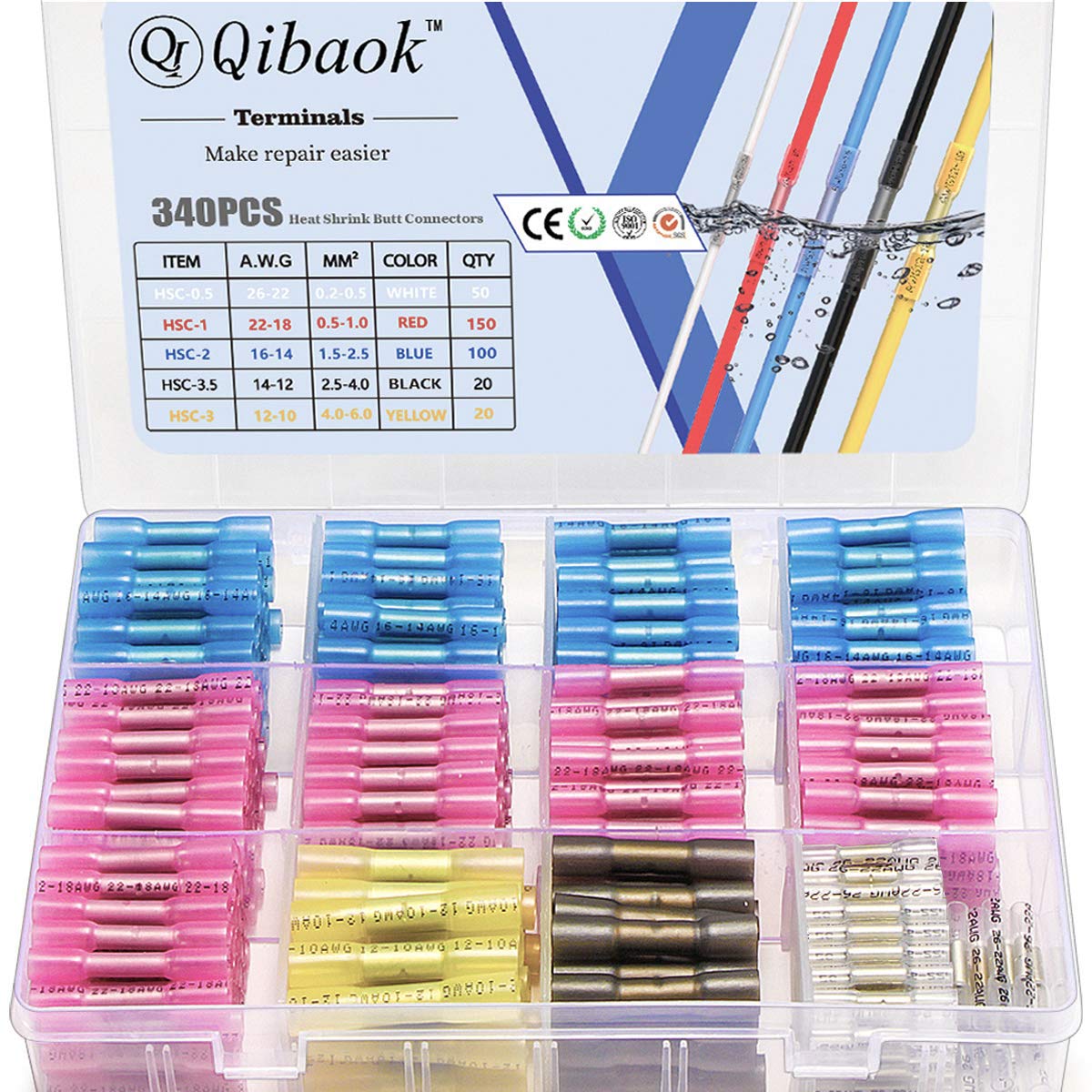 Qibaok340 PCS Heat Shrink Butt Connectors Crimp Electrical Wire Connector Waterproof Insulated Butt Splice Terminal for Automotive Marine Boat Truck Trailer Stereo