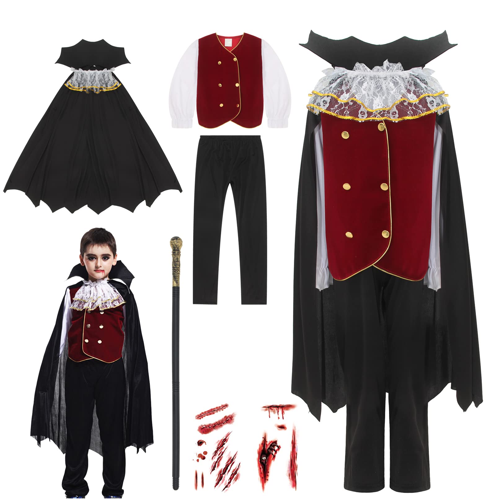 GEMVIE Kids Deluxe Vampire Costume for Boys Halloween Dracula Fancy Dress Carnival Cosplay Clothes