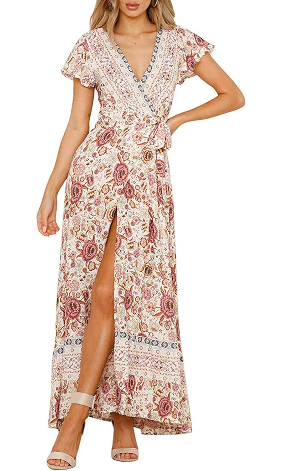 ZESICAZESICA Women's Bohemian Floral Printed Wrap Split Dress