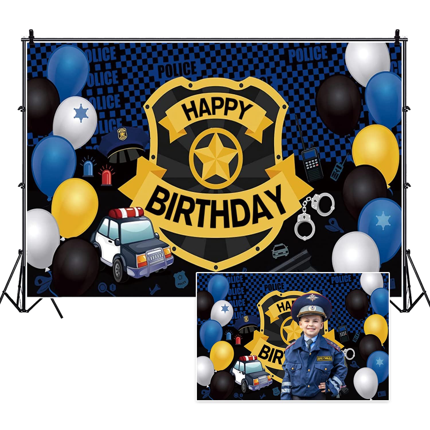 DORCEV 9x6ft Happy Birthday Photography Backdrop Police Theme Boys 1st Birthday Party Banner Background Decoration Colorful Balloons Kids Portrait Cake Table Banner Wallpaper Studio Props