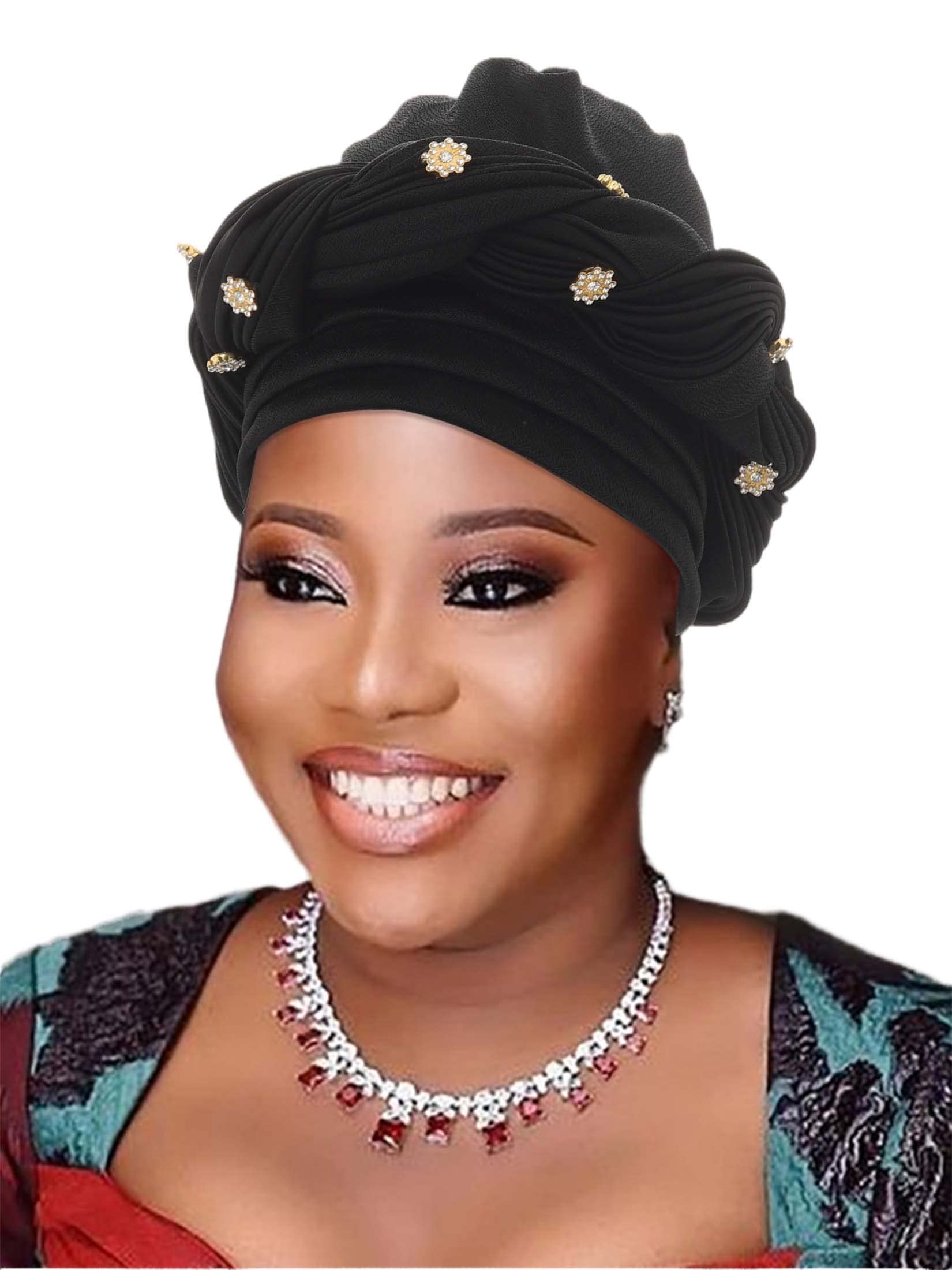 WoeoeWomen African Turban Pre-Tied Twisted Beanie Cap Headwear Rhinestone Soft Stretchy Head Turbans