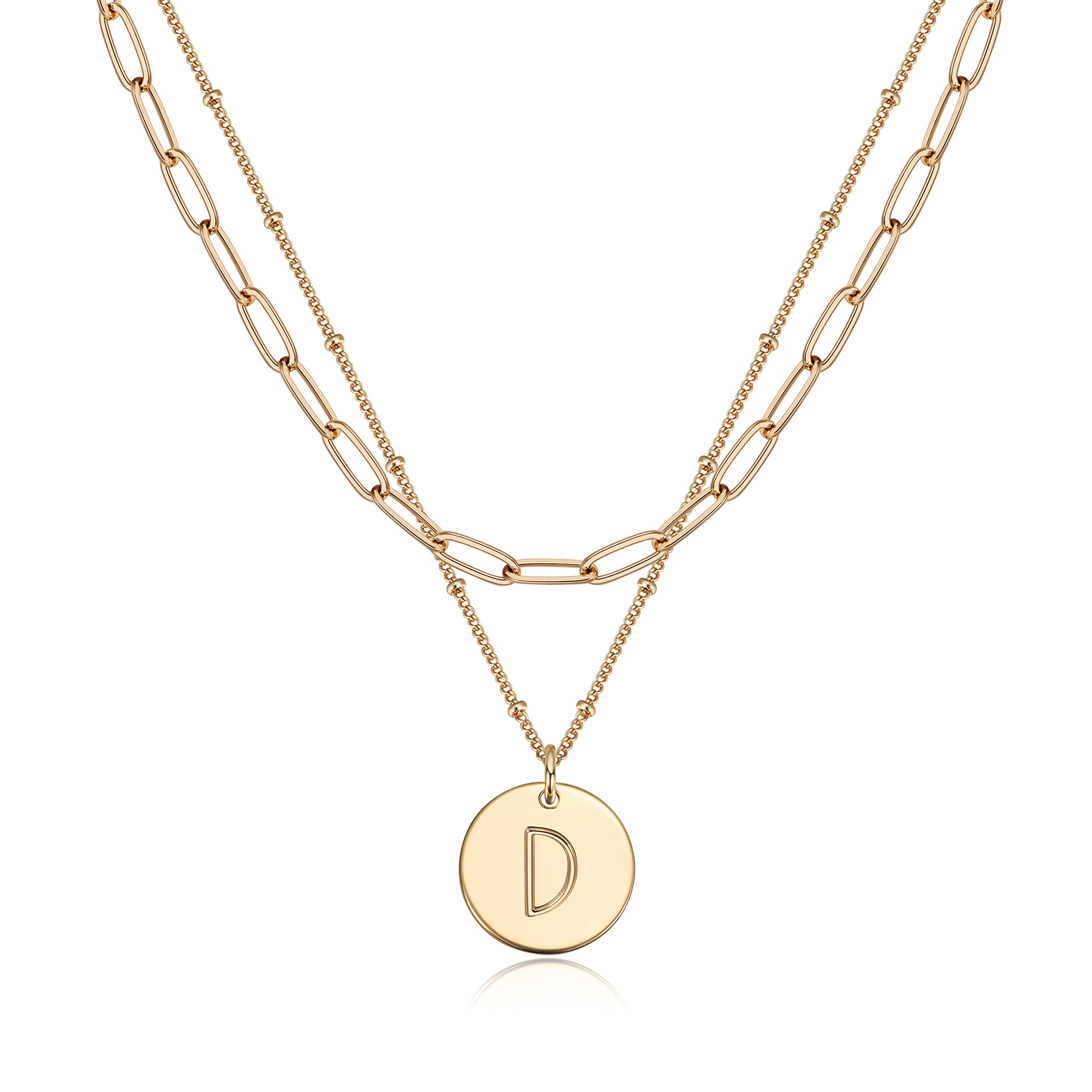 Fettero Layered Necklace Set Gold Coin Disc Initial Pendant 14K Gold Plated Dainty Satellite Paperclip Link Chain Choker Personalized Jewelry Birthday Gift for Women Letter D