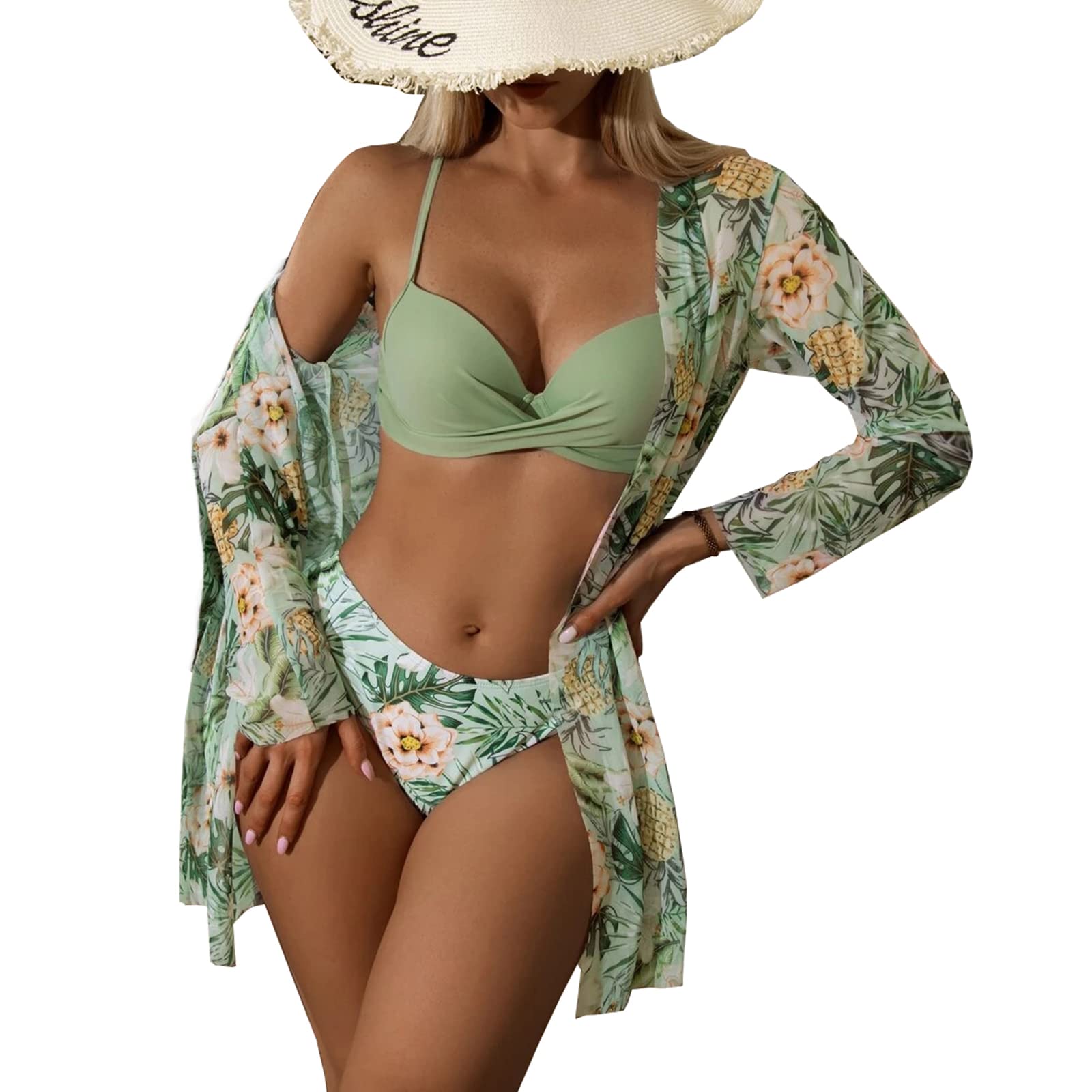 Beacon Pet3 Piece Women's Swimsuit, Sexy Floral Printed Push Up Bikini Set with Kimono Cover Ups, High Waist Beach Wear