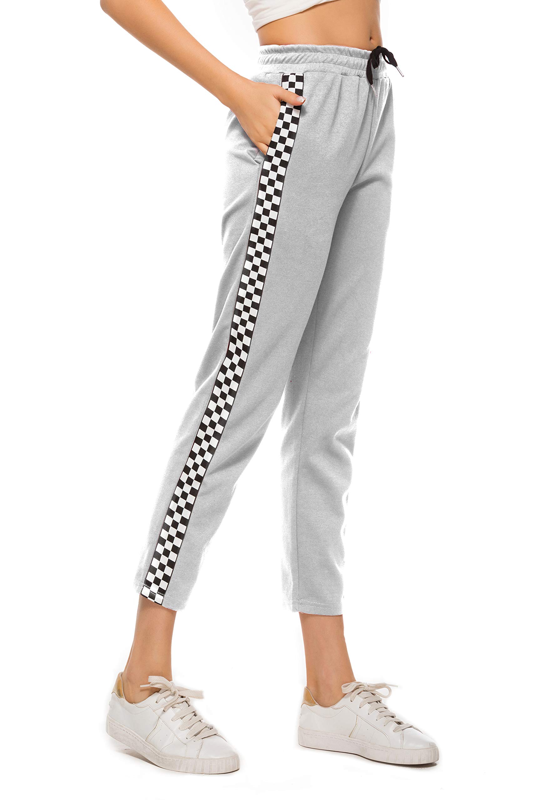 HUILAN Women's Casual Gingham Checkered Crop Sweatpants with Pockets