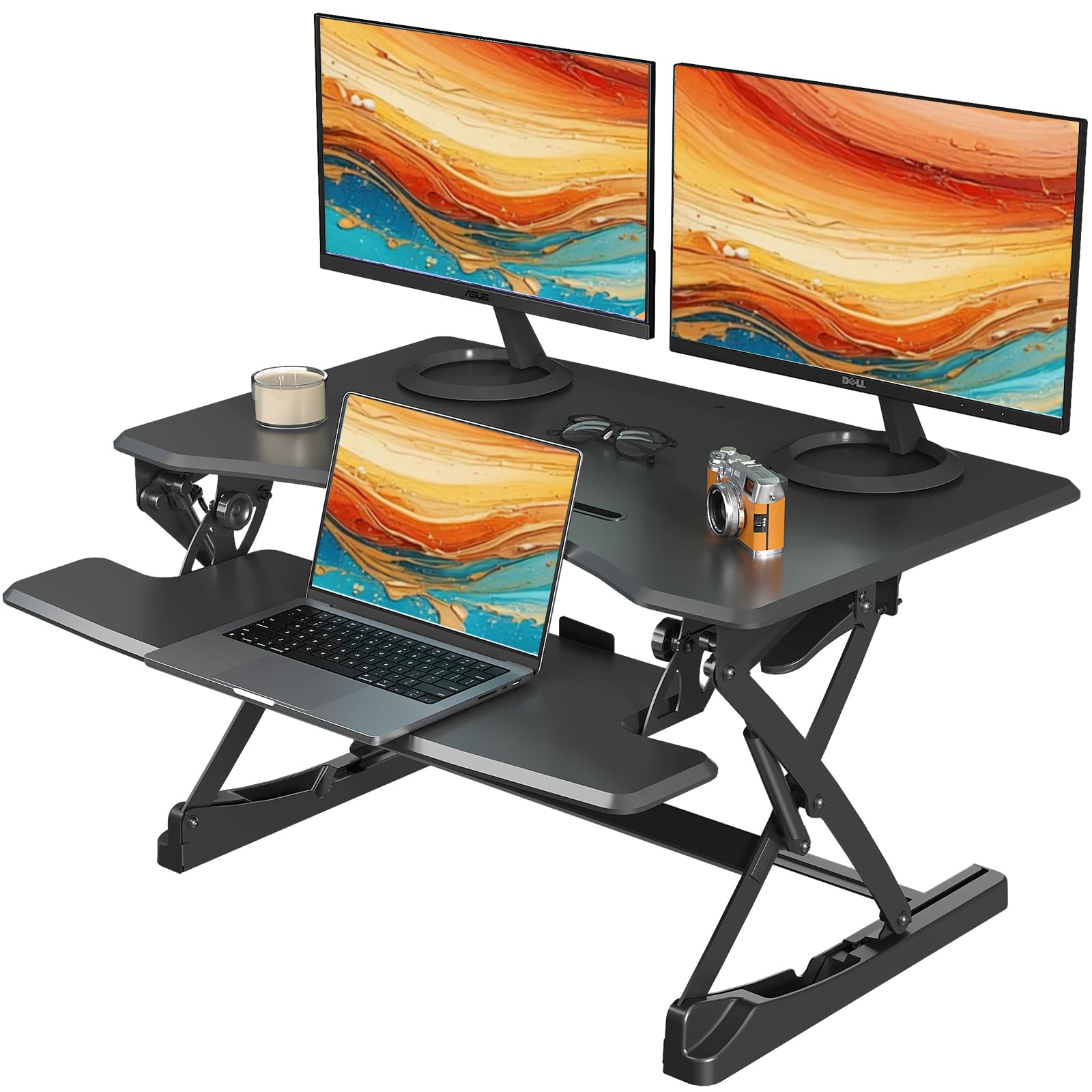 Standing Desk Converter 35 Inches Height Adjustable Sit to Stand Desk Riser Dual Gas Springs Stand up Desk with Wide Keyboard Tray for Laptops Dual Monitor Riser Workstation, Black