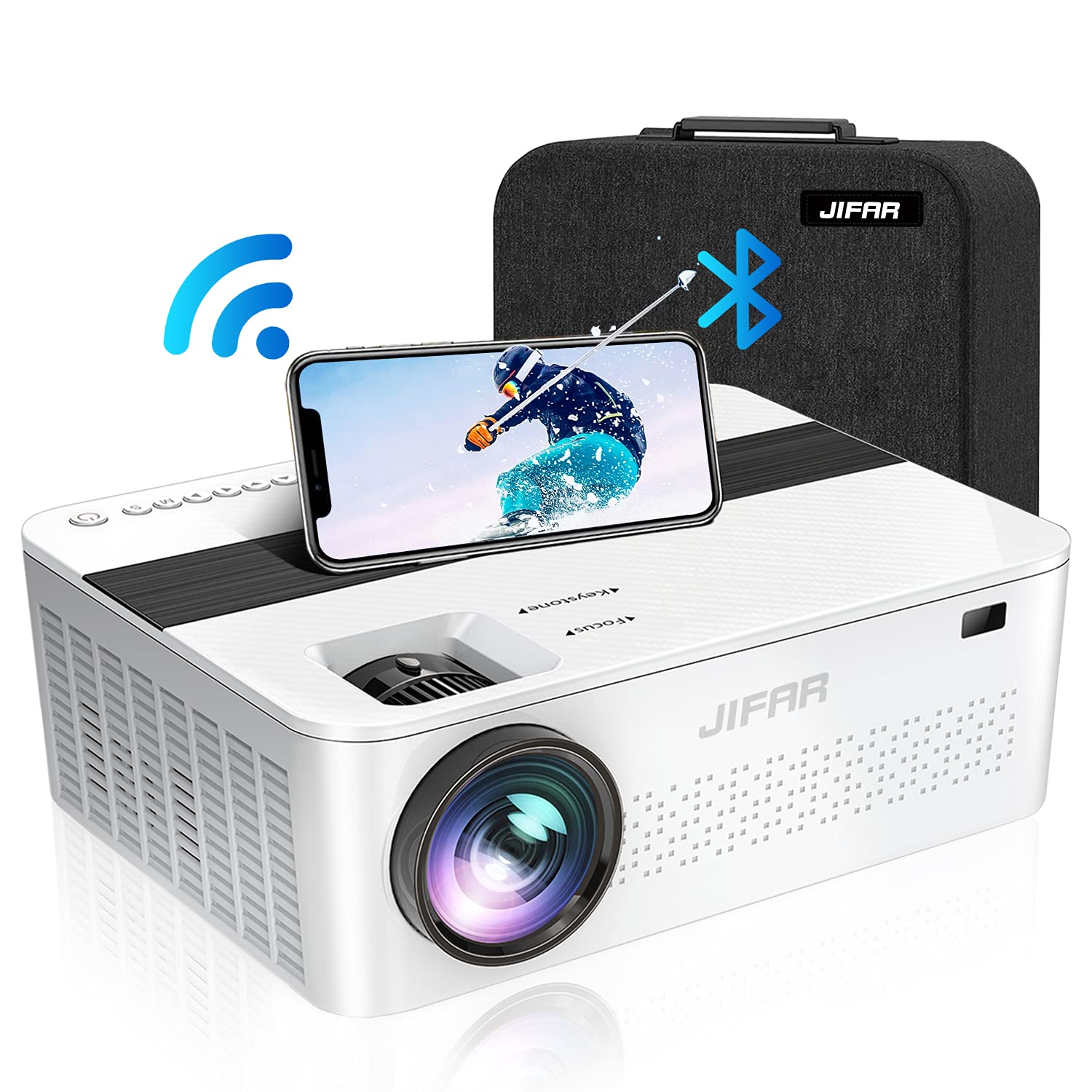 JIFAR1080p 7000lux HD projector, 400 inch screen, 4K zoom, business and home and outdoor projector, compatible with TV stick, HDMI, VGA, USB, smartphone, PC, Xbox