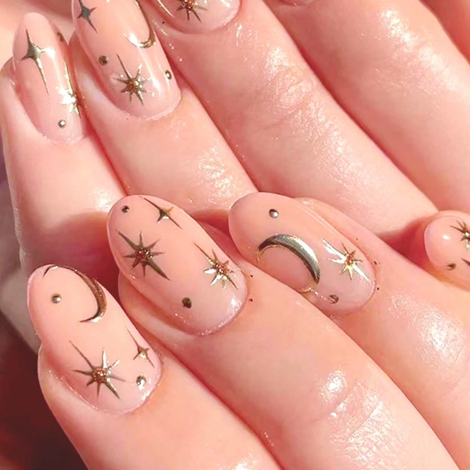 24 Pcs Star Press on Nails Short Almond Gold Stars Moon Fake Nails Design Glossy False Nails for Women Girls Manicure Decoration Supplies