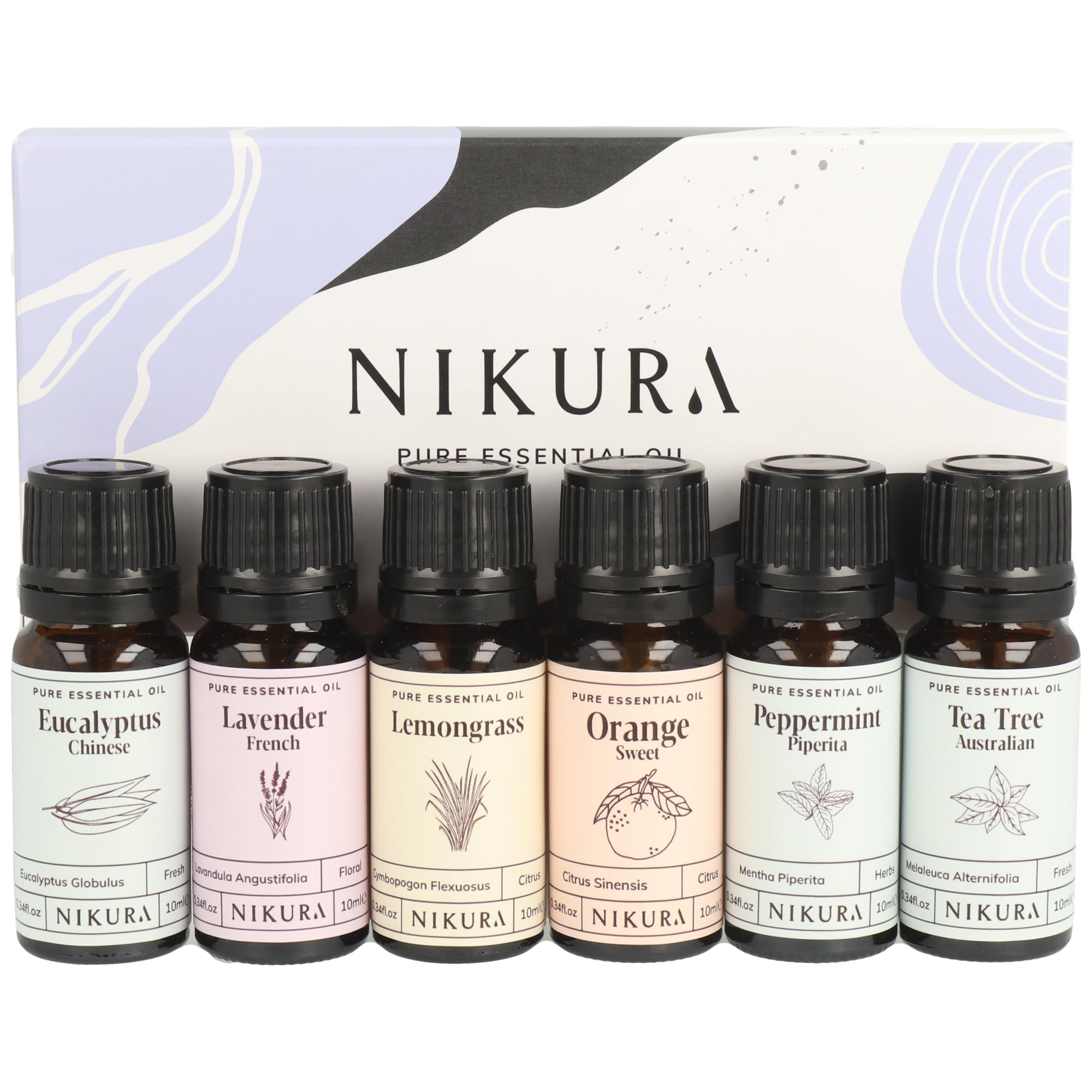 Nikura Starter Kit Essential Oil Gift Set - 6 x 10ml | Essential Oil for Diffuser for Home, Aromatherapy, Strong Fragrance, Sleep | Eucalyptus, Lavender, Lemongrass, Sweet Orange, Peppermint, Tea Tree