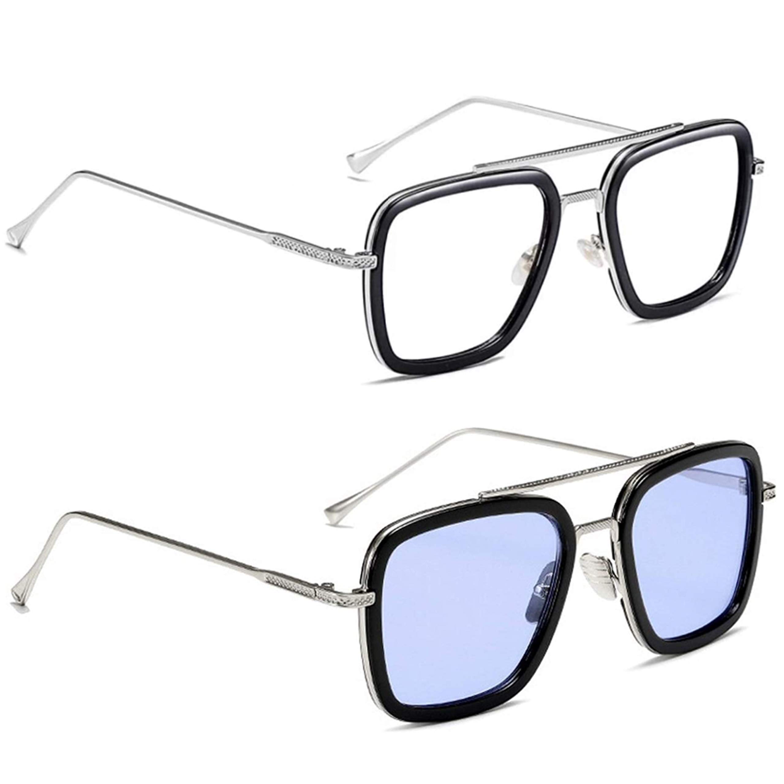 CREEKMen Rectangular Sunglasses Silver, Blue Frame, Blue Lens (Free Size) - Pack of 02