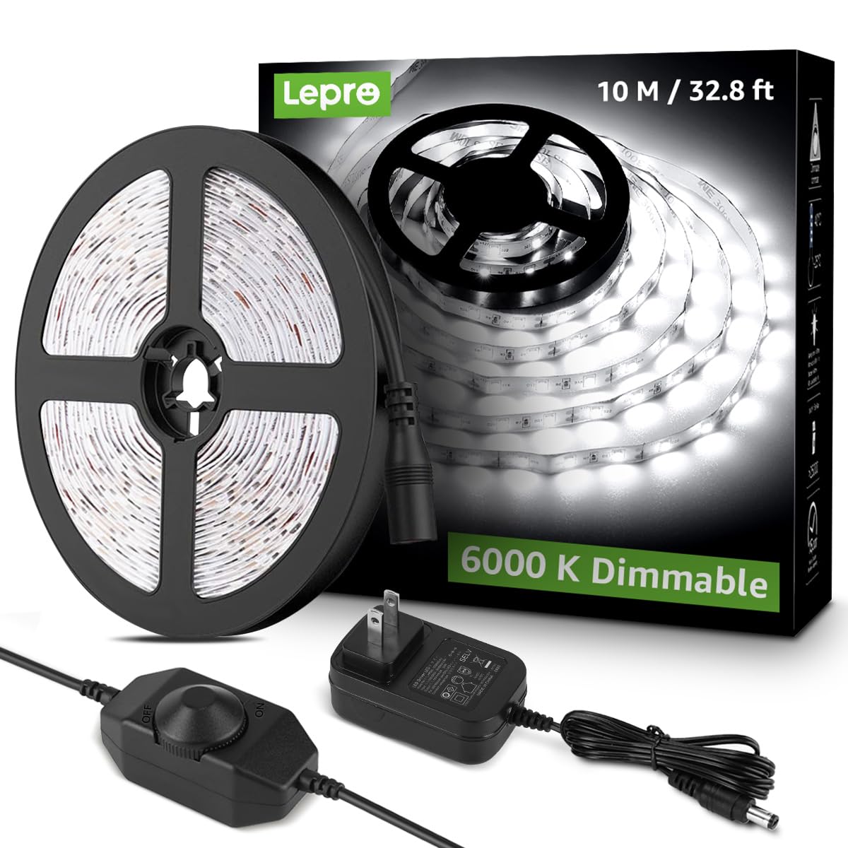 Lepro LED Strip Light, 32.8ft Dimmable Vanity Lights, 6000K Super Bright LED Tape Lights, 600 LEDs SMD 2835, Strong 3M Adh...