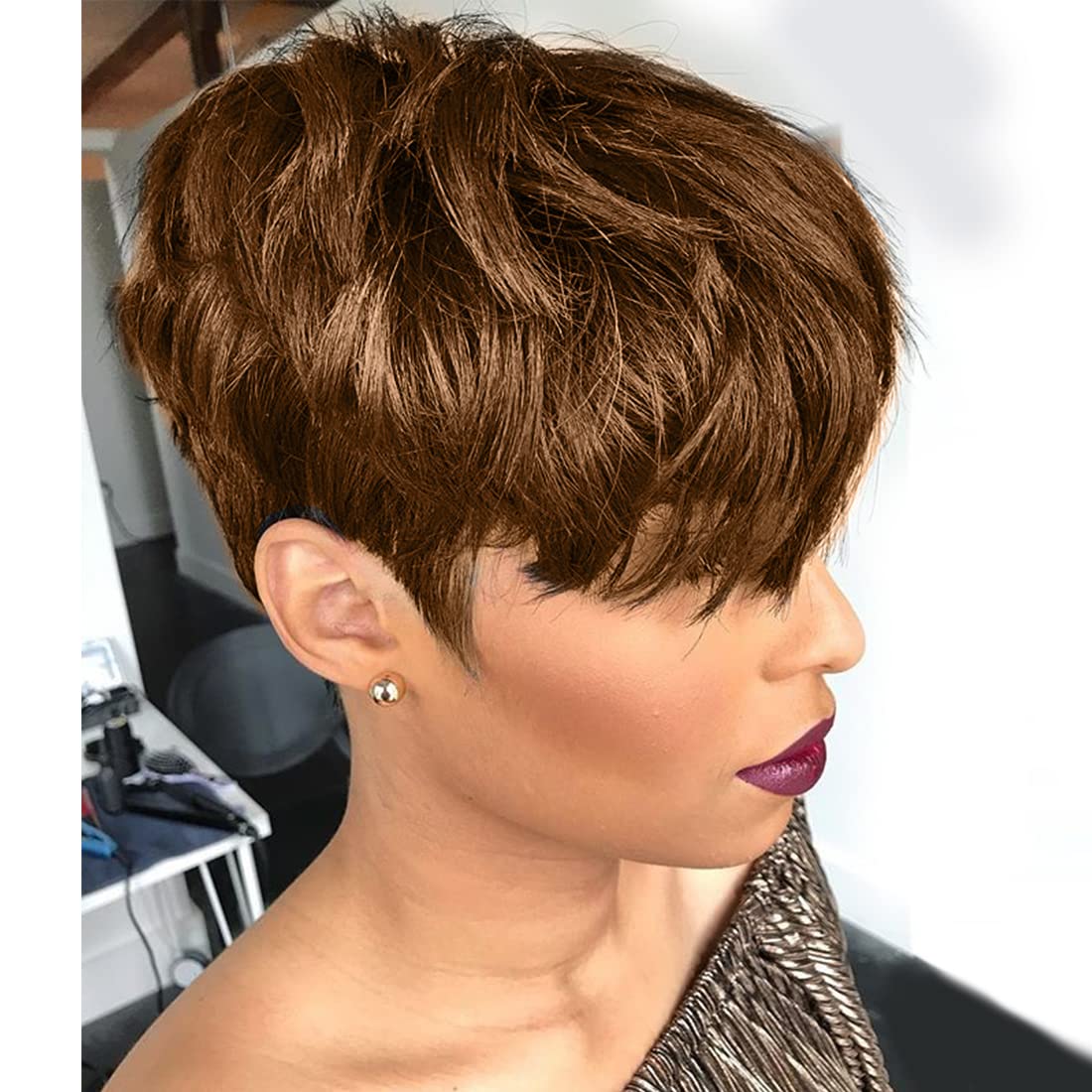 Yviann Short Human Hair Wigs for Black Women Pixie Cut Cute Bangs Wig Ombre Brown Color Brazilian Short Blonde Layered Wavy Wigs 1B/33 Color