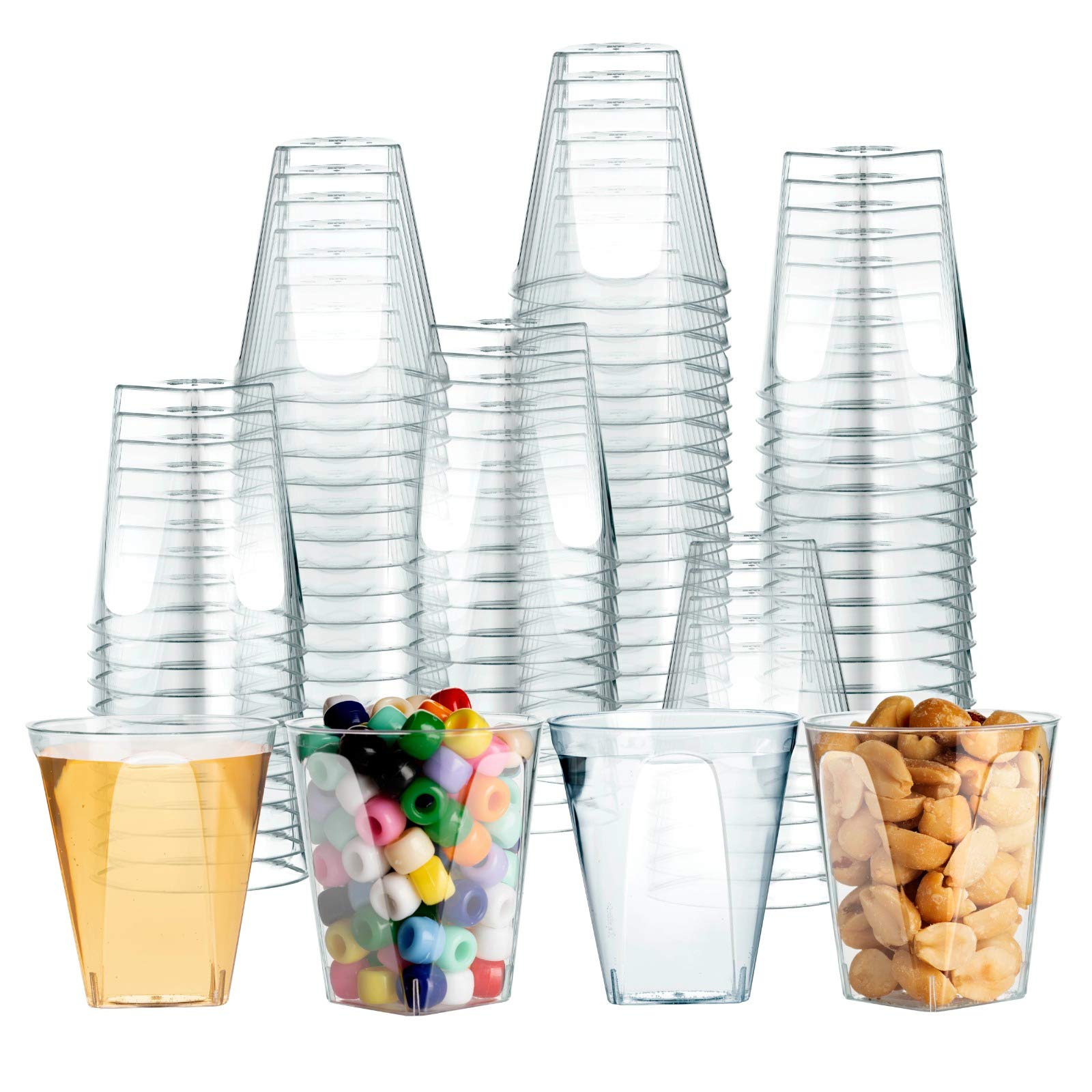 100 Clear Plastic Shot Glasses 2 OZ - Disposable Shot Glasses Bulk - Wine Tasting Cups - Small Plastic Tumbler - Square Shooter, Whiskey Mini Shot Cups - small plastic cups bulk