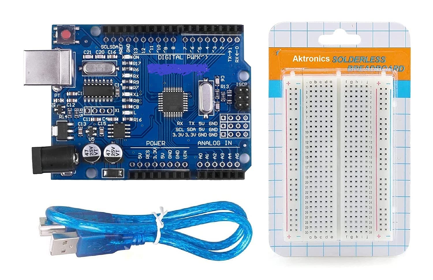 RIV International UNO R3 ATmega328P SMD CH340 Development Board With USB Cable, Header Pins and 400 Point Breadboard Compatible with Arduino Uno