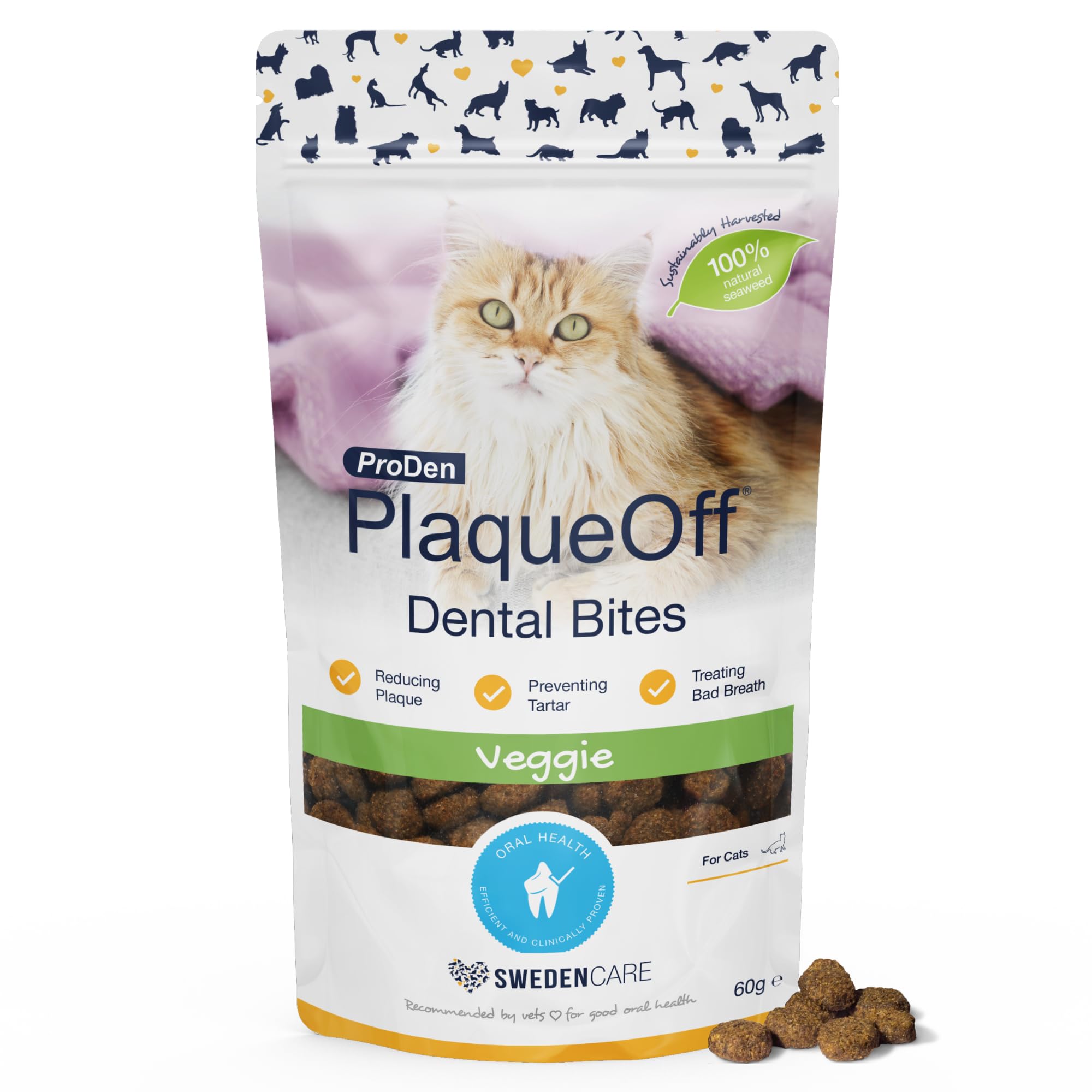 ProDen PlaqueOffDental Bites for Cats Tartar & Bad Breath Remover 100% Natural Teeth Cleaner - Improve Overall Oral Health - Veggie Flavor 60g