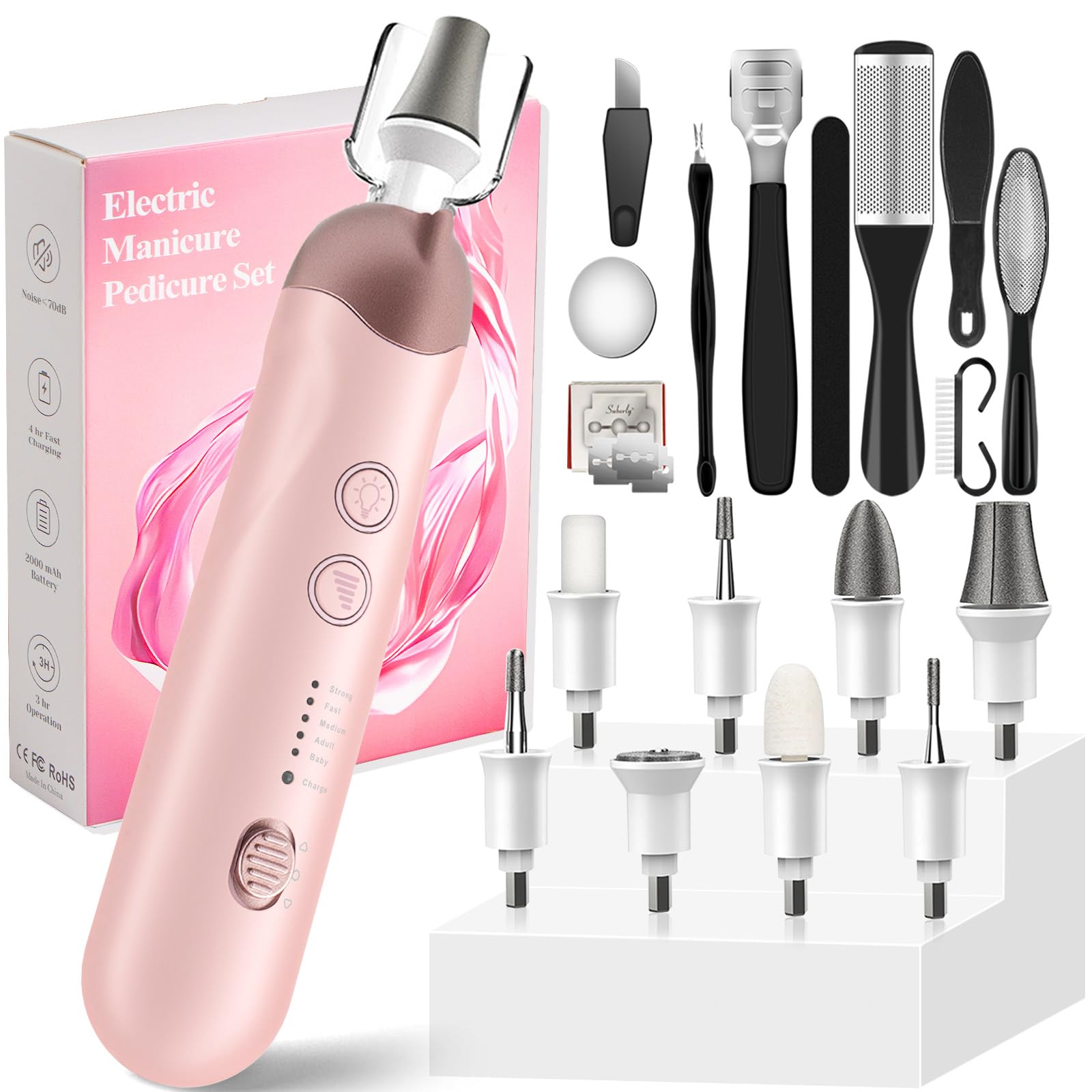 AOMEES Electric Nail File Set, Rechargeable Professional Manicure Pedicure Kit, 5 Speeds Hand Foot Care Tool for Nail Grind Trim Polish - with 100Pcs Nail Drill Bits Sanding Bands (Pink)