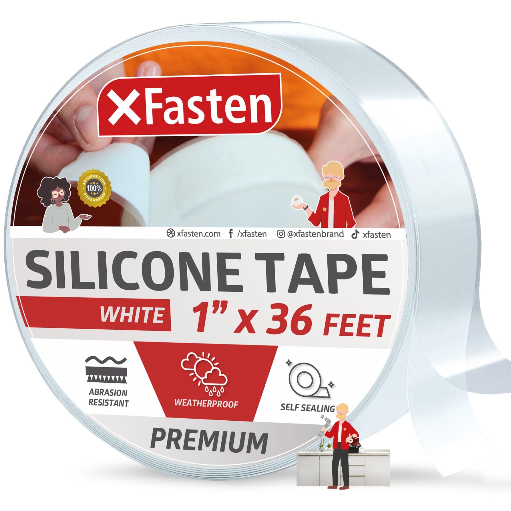 XFasten Self Fusing Silicone Tape for Plumbing White 1" X 36-Foot Non-Adhesive Leak Seal Tape Waterproof, Silicone Grip Tape, Rubber Tape Thick for Pipe, Hose Repair Tape, Stop Leak Tape