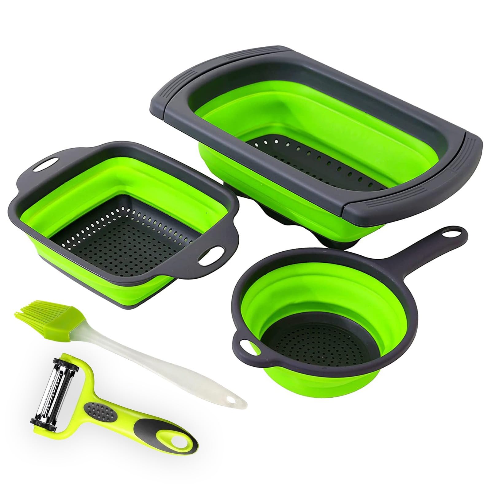 OneLine5 Pcs Kitchen Set Collapsible Colanders Set, With Peelar & Baking Brush,Over The Sink Strainer Vegetable/Fruit/Pasta Colander Extendable Thickened Handles, Folding Strainer for Kitchen, GREEN