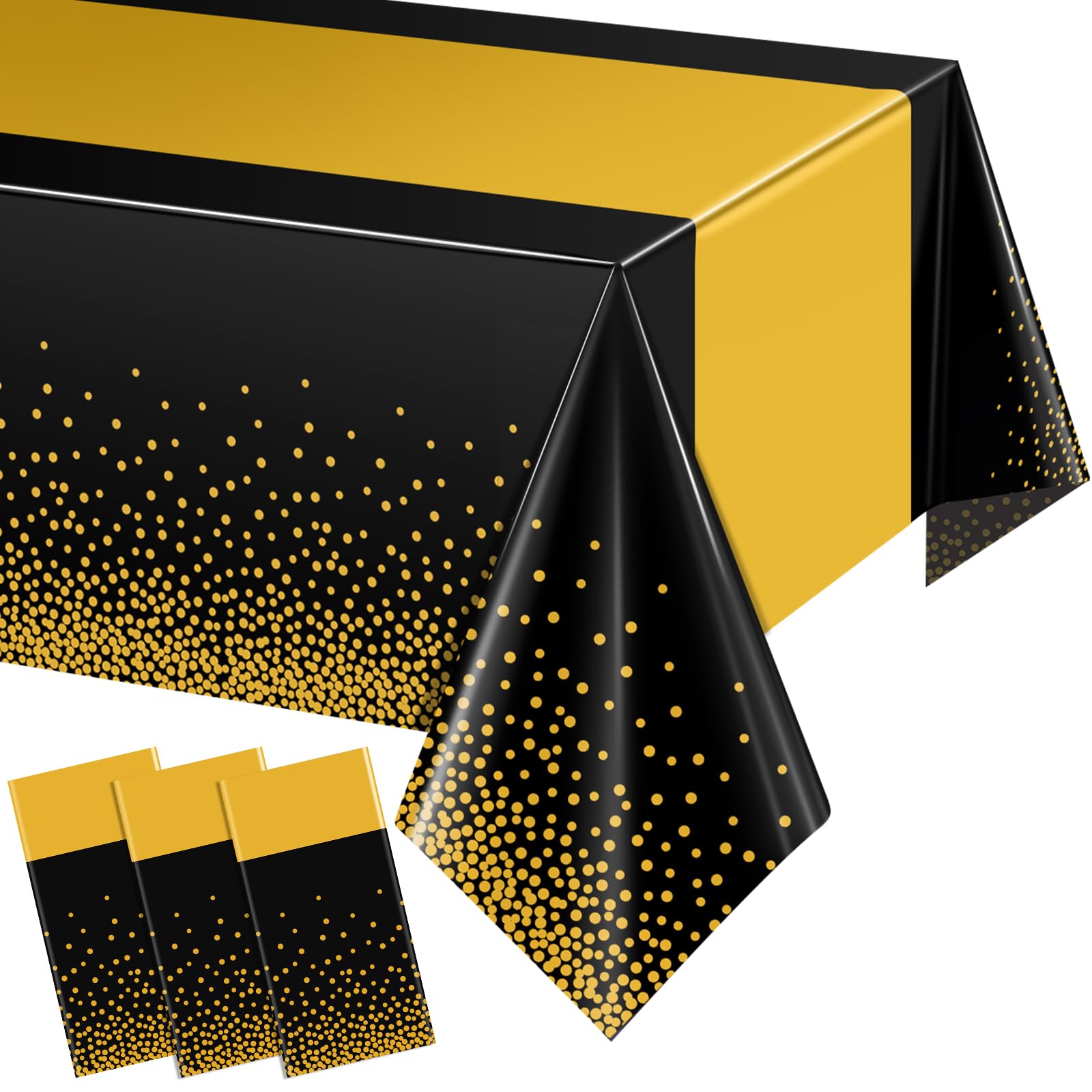 3Pcs Black and Gold Tablecloth Party Decorations,Plastic Black Table Cloth Printed Gold Table Runner Disposable Rectangle Table Cover for Birthday Retirement Anniversary Graduation Party,54 x108 Inch