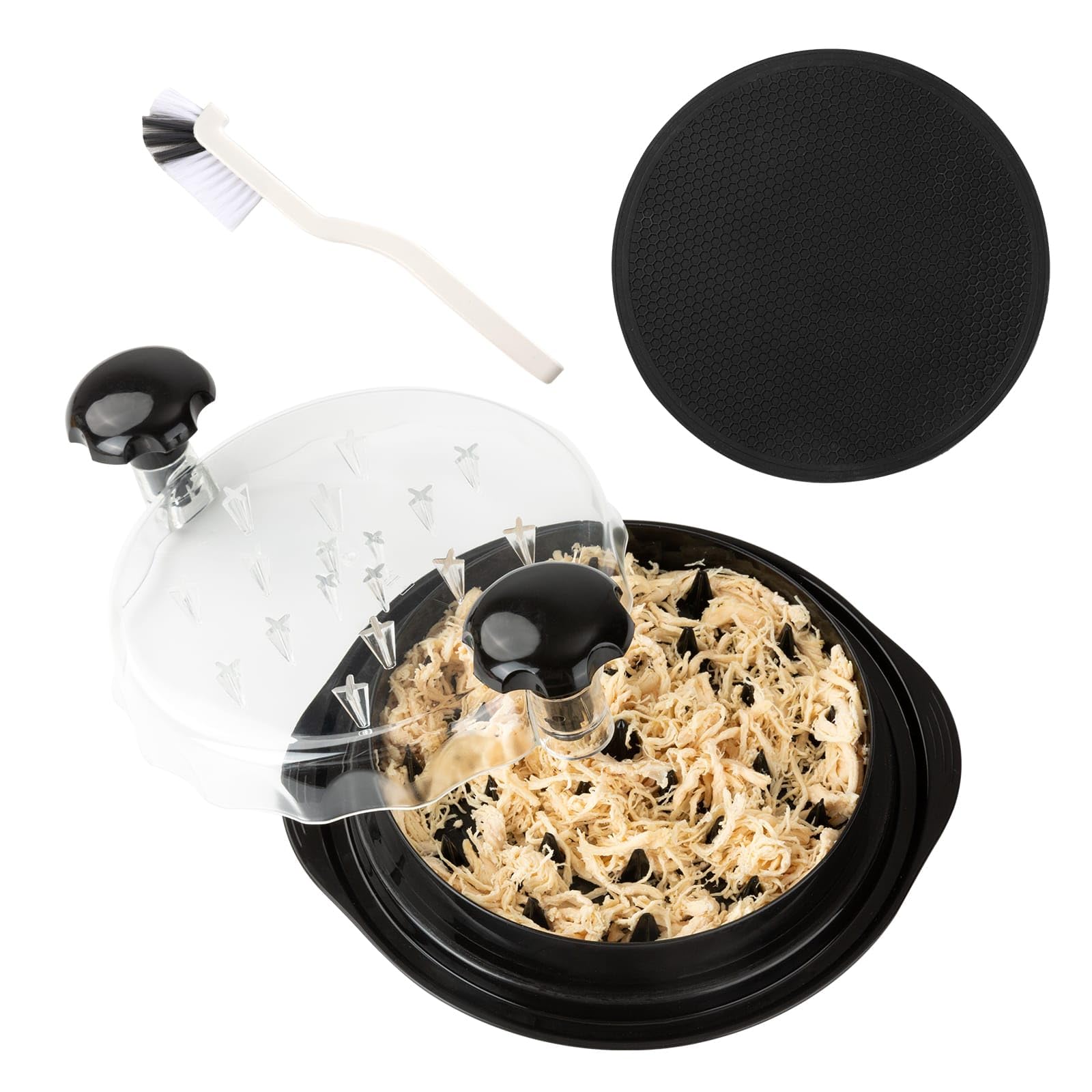 Chicken Shredder Tool Twist Clear Lid Extra Anti-skid Matt with Cleaning Brush for Barbecue Beef, Pork, Meat, Steak, Vegetable, Salad, Chicken Breast Shredder Shared Machine Dishwasher Safe