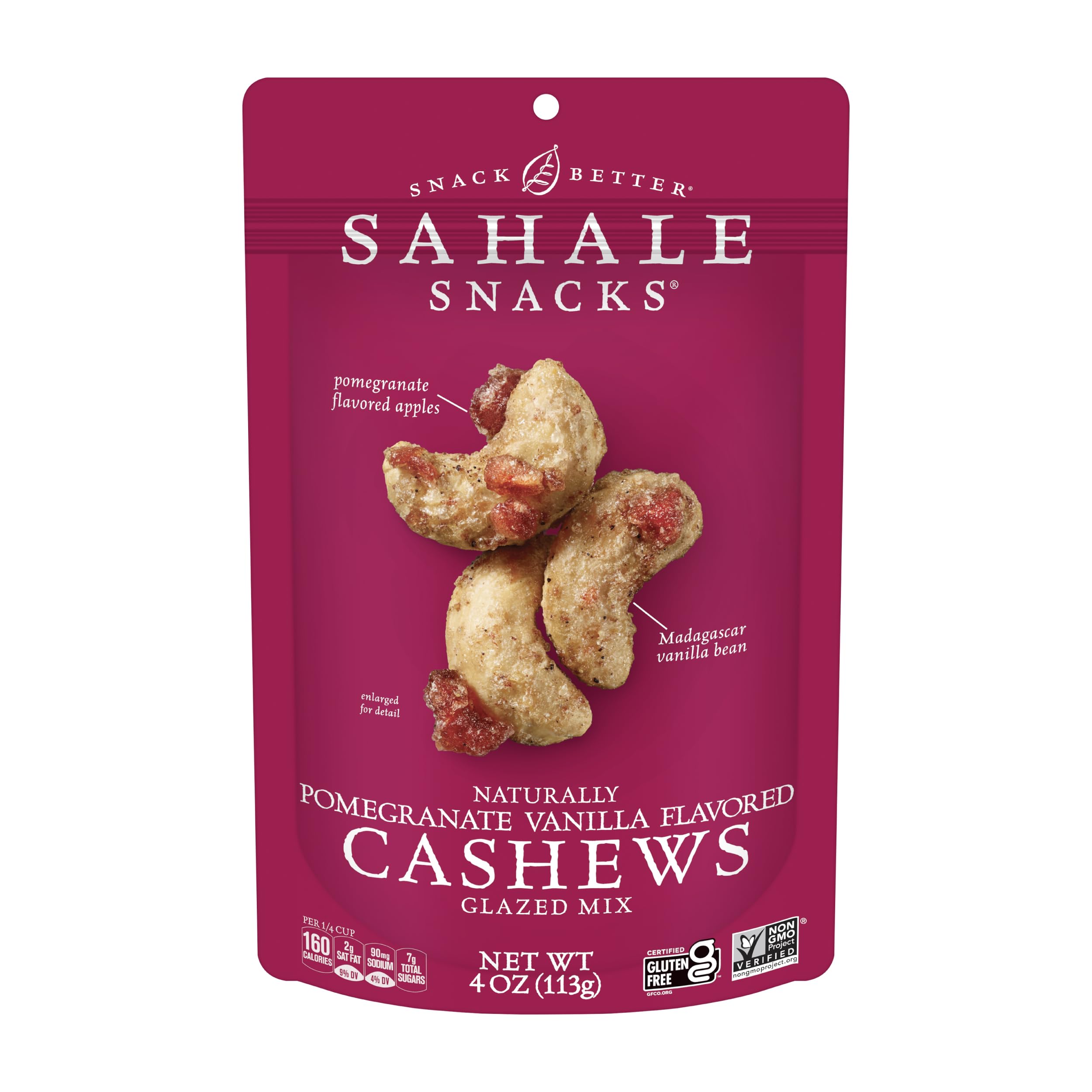 Sahale Snacks Pomegranate Vanilla Cashews, 4 oz Pouches (6 Packs) - Dry-Roasted Deluxe Mixed Nuts with Pomegranate Infused Apples & Madagascar Vanilla - Non-GMO, Kosher, & Certified Gluten-Free Snacks