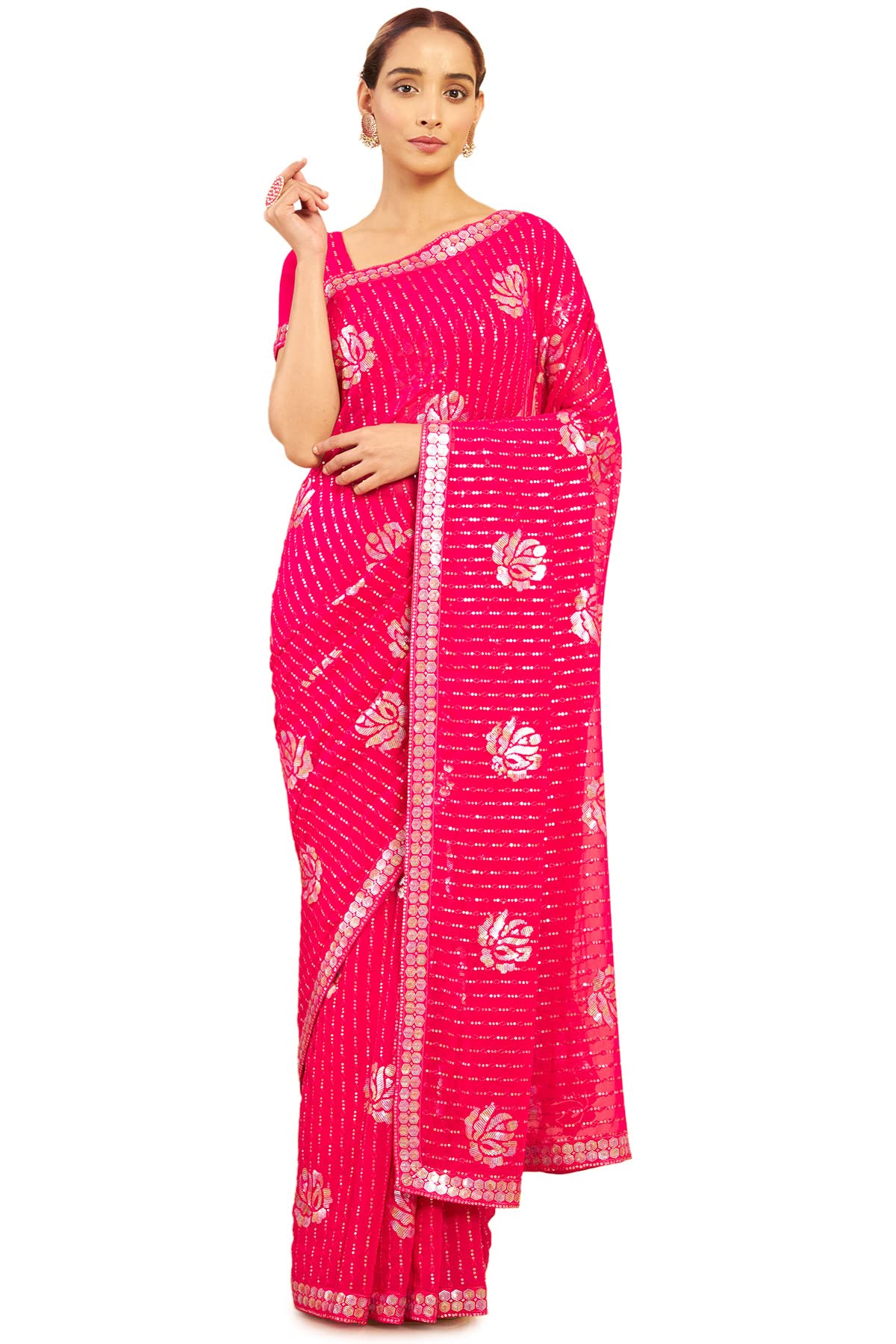 SochWomen Pink Pure Georgette Geometric Saree