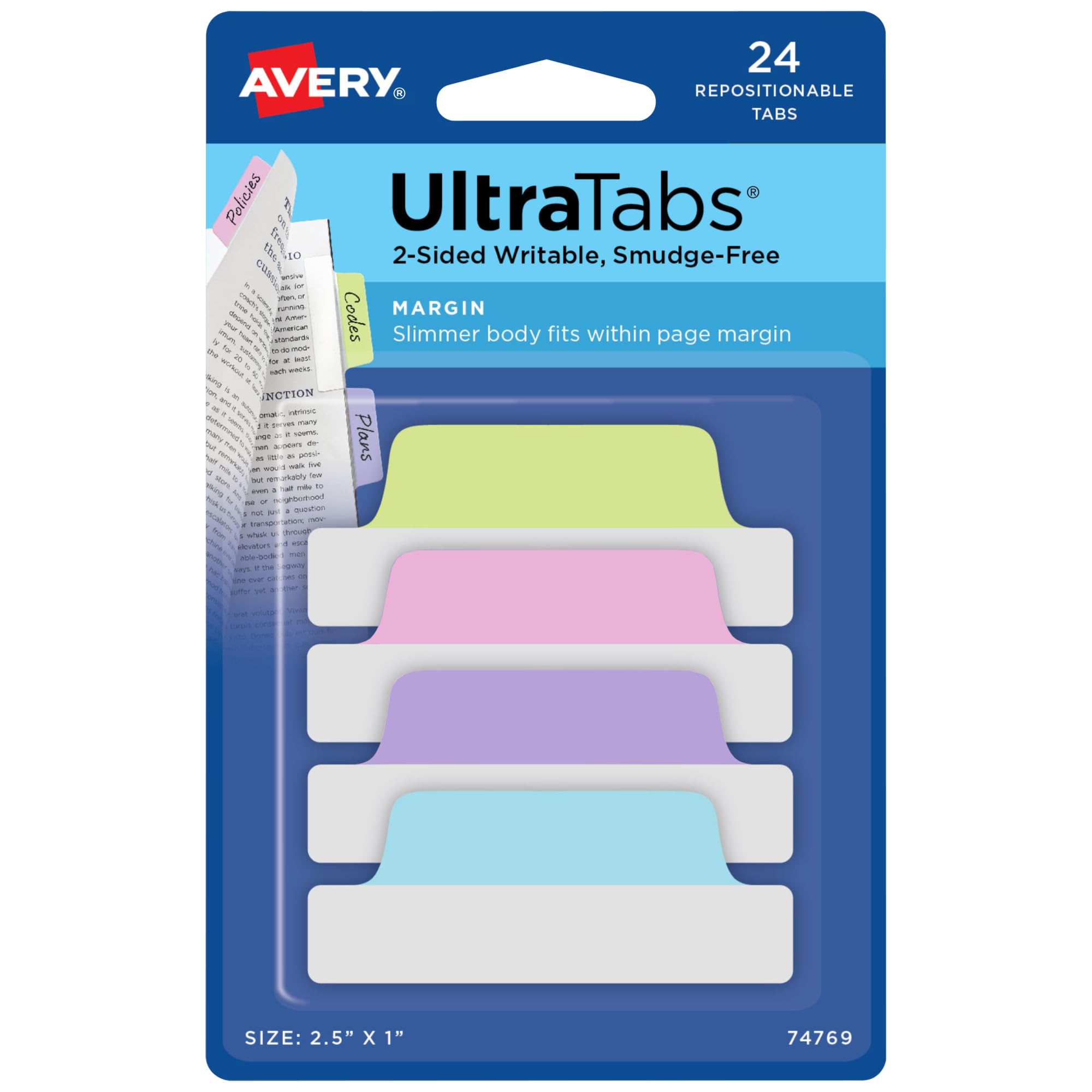 Avery Margin Ultra Tabs, 2.5" x 1", 2-Side Writable, Assorted Pastel Colors, 24 Repositionable Tabs (74769)