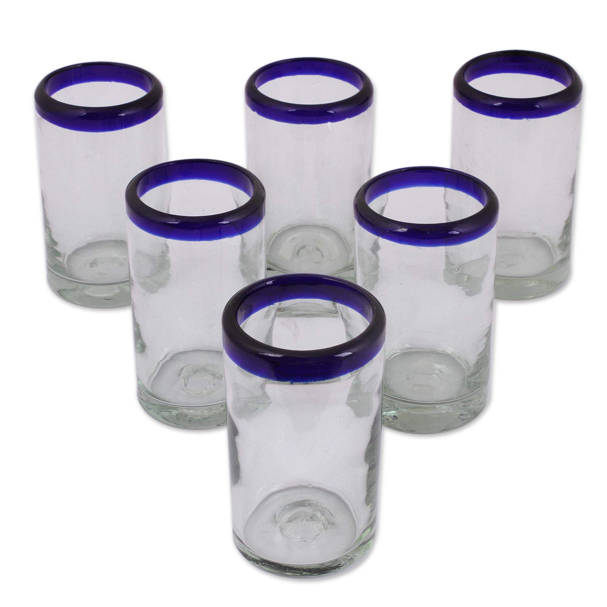 NOVICANOVICA Artisan Crafted Hand Blown Clear Blue Rim Recycled Glass Juice Glasses, 4.3In H X 2.6In Diam. 8 Oz. 'Cobalt' (Set Of 6)